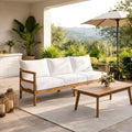 Christopher Knight Home Transitional Outdoor 3 Seat Sofa Acacia Wood Deep Seating Water Repellent Cushions Slat Frame