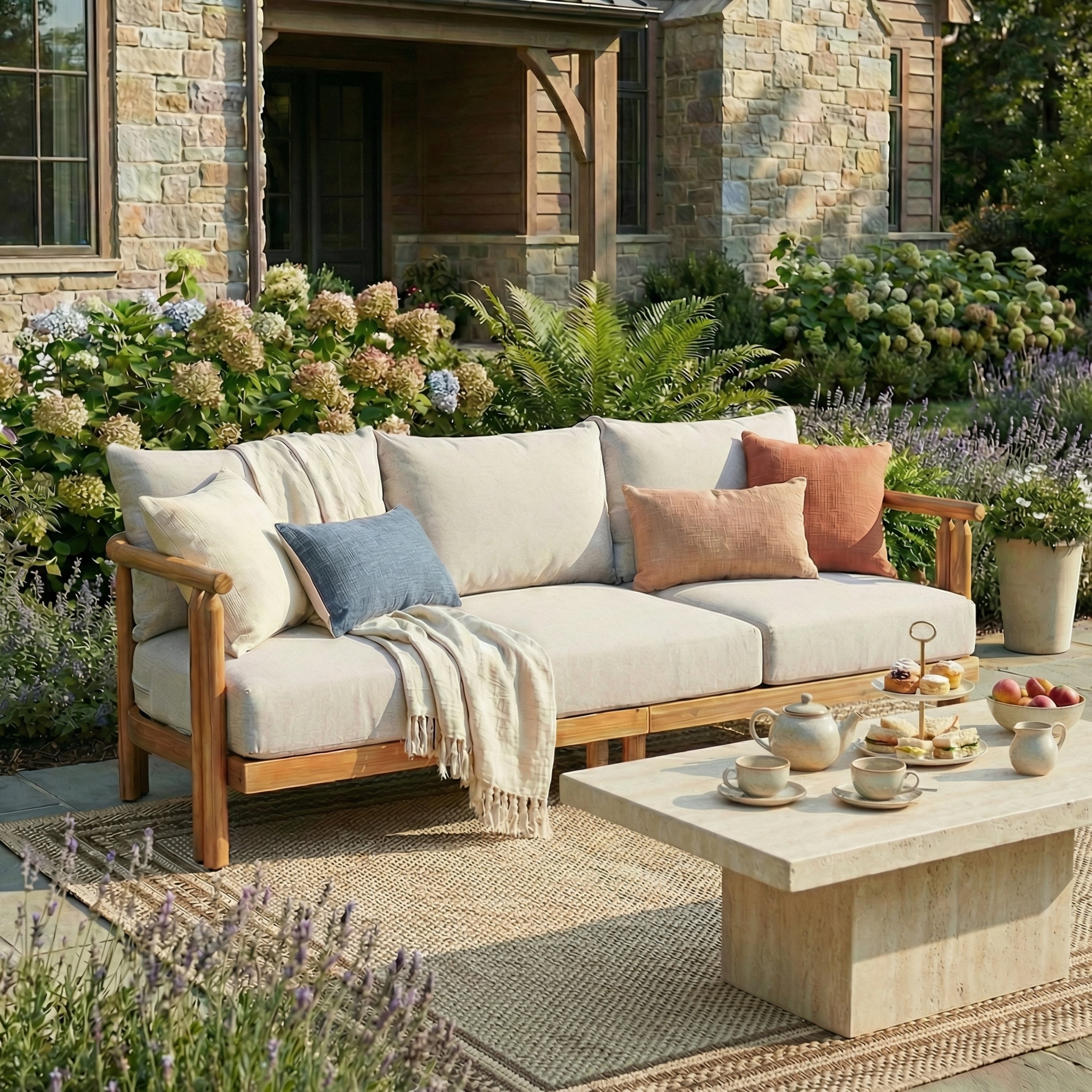 Christopher Knight Home Outdoor Acacia Wood 3 Seater Sofa With Cushions