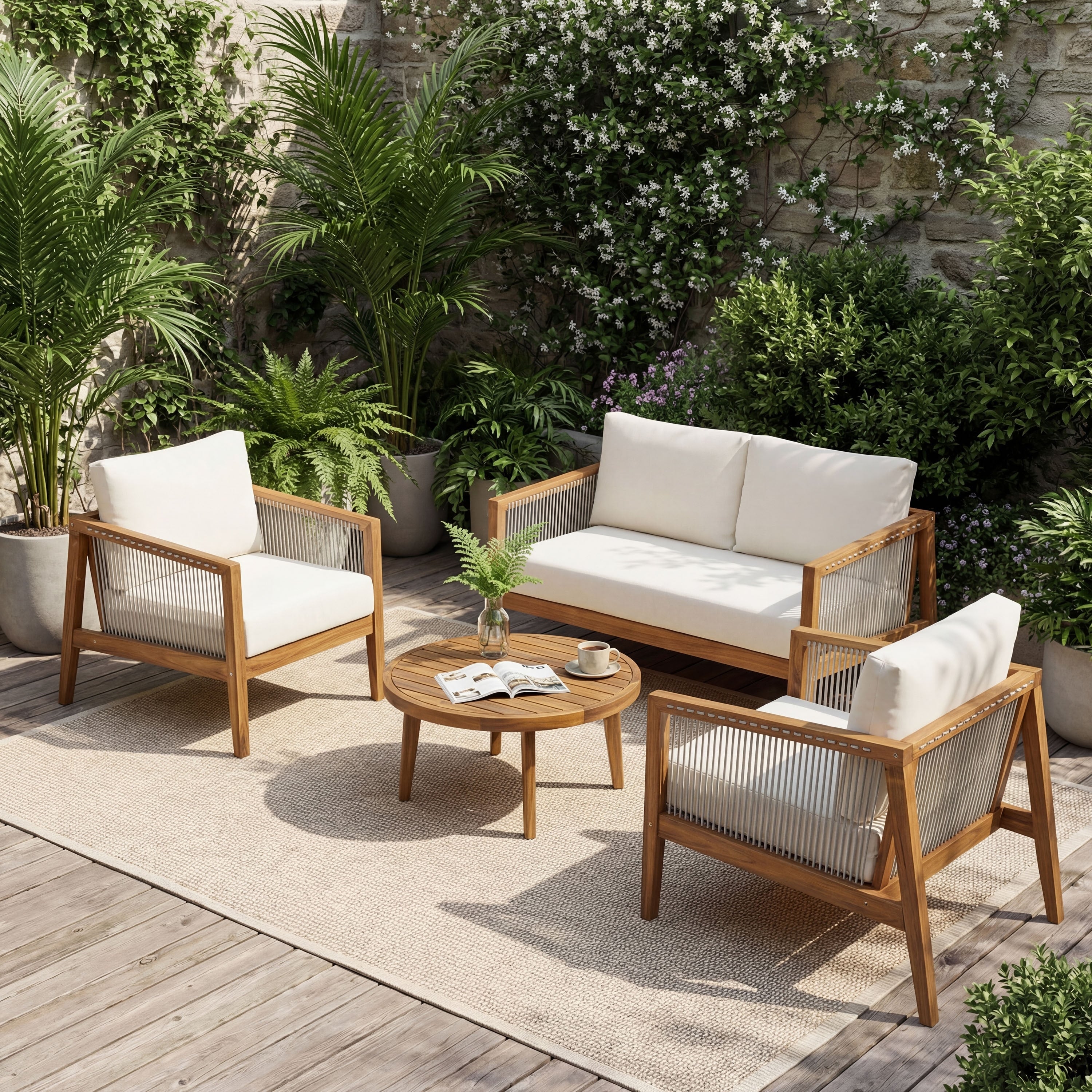 Christopher Knight Home Outdoor Acacia Wood 4 Piece Patio Conversation Set With Rope Woven Detail And Water Resistant Cushions