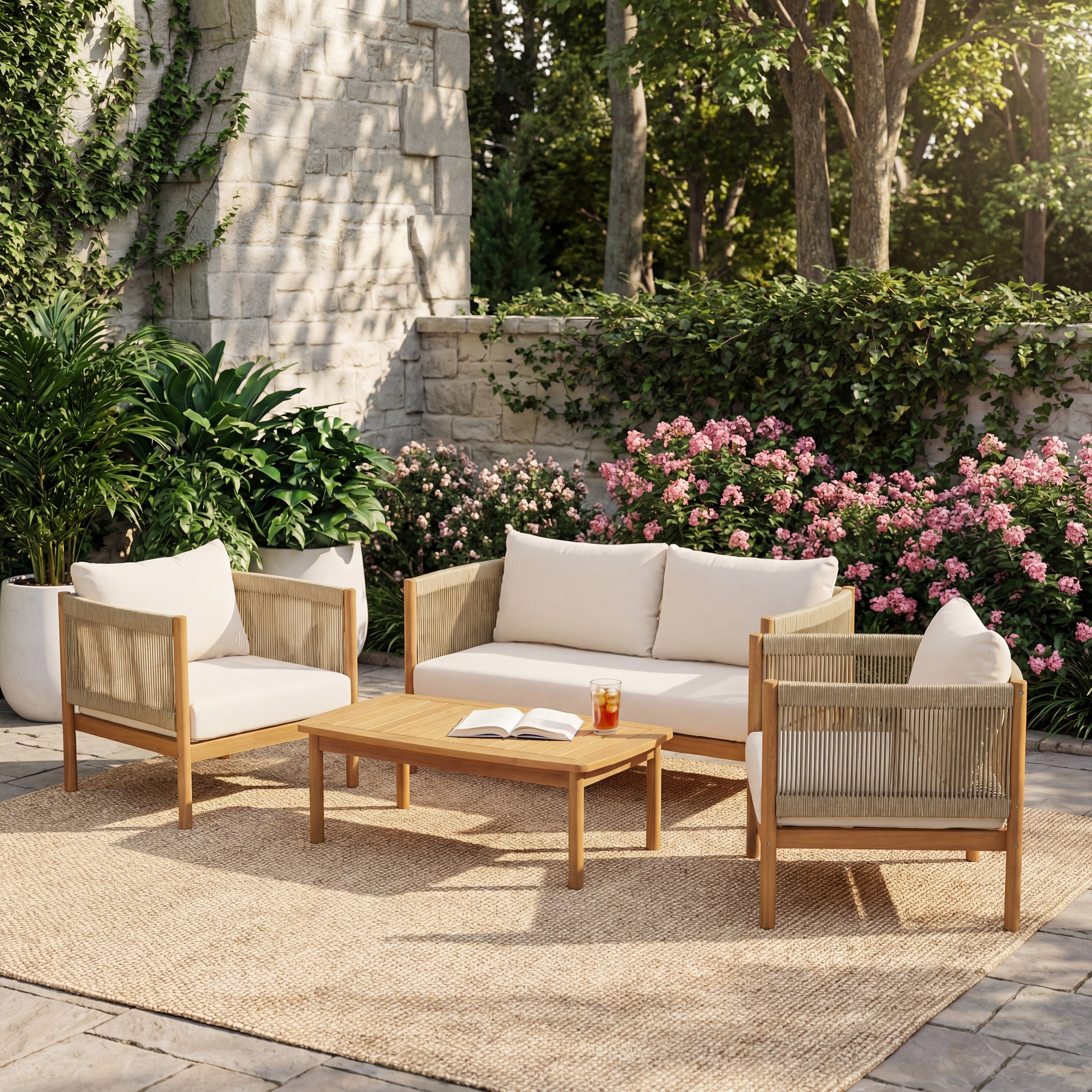 Christopher Knight Home Outdoor Acacia Wood 4 Piece Patio Sofa Set With Rope Panels And Cushions