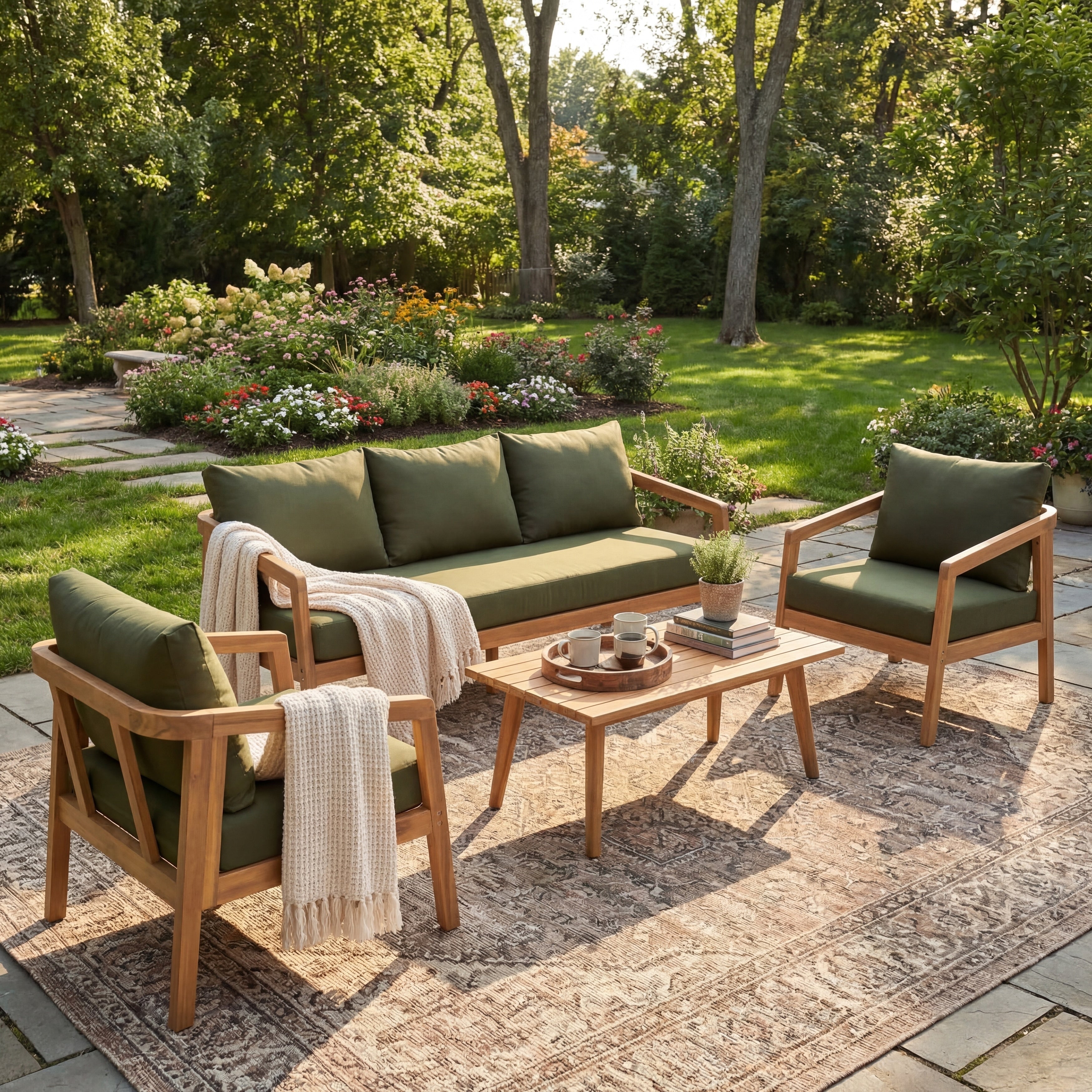 Christopher Knight Home Outdoor Acacia Wood 5 Seater Patio Conversation Set With Water Resistant Cushions And Coffee Table