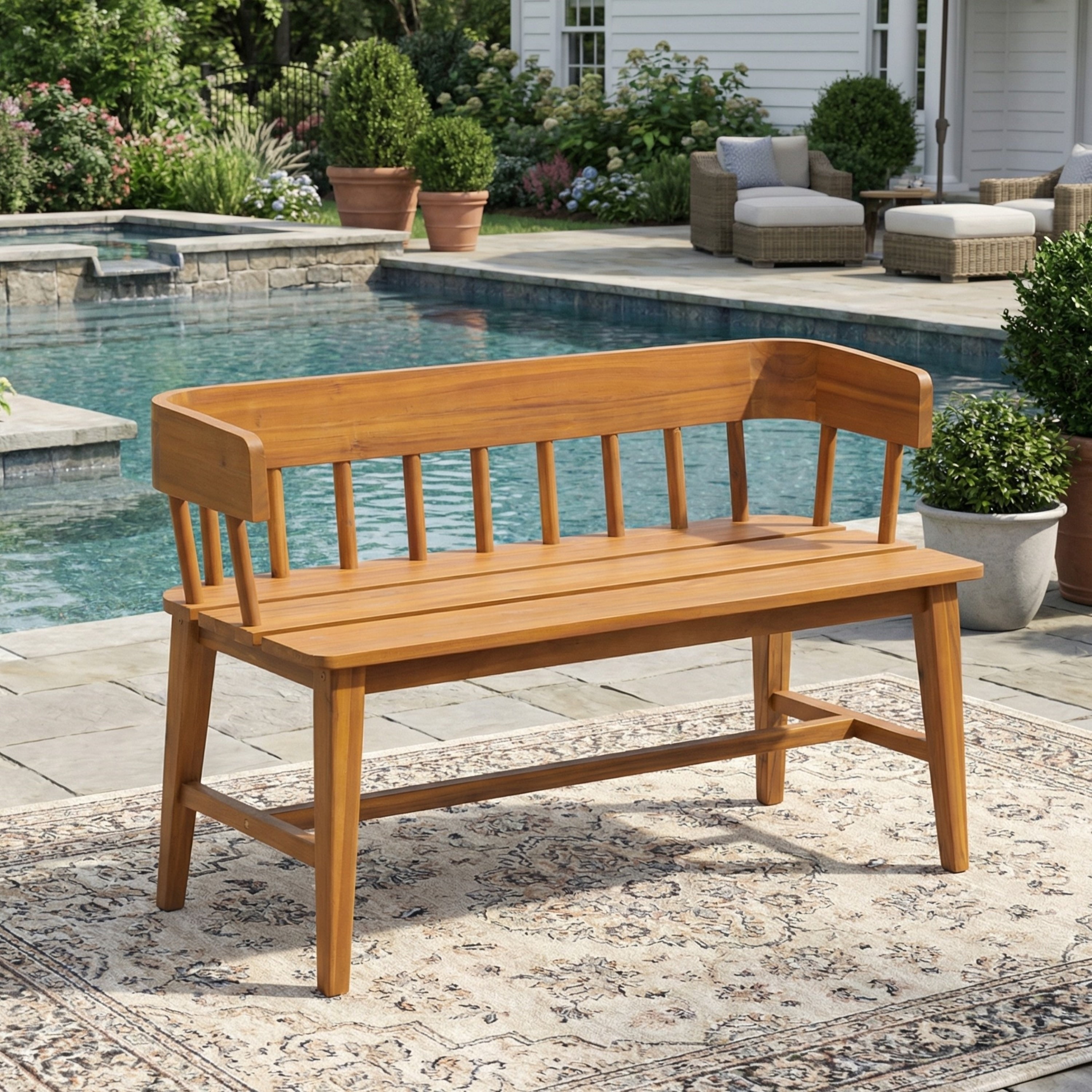 Christopher Knight Home Outdoor Acacia Wood Bench With Teak Finish Slatted Backrest Patio Garden Bench