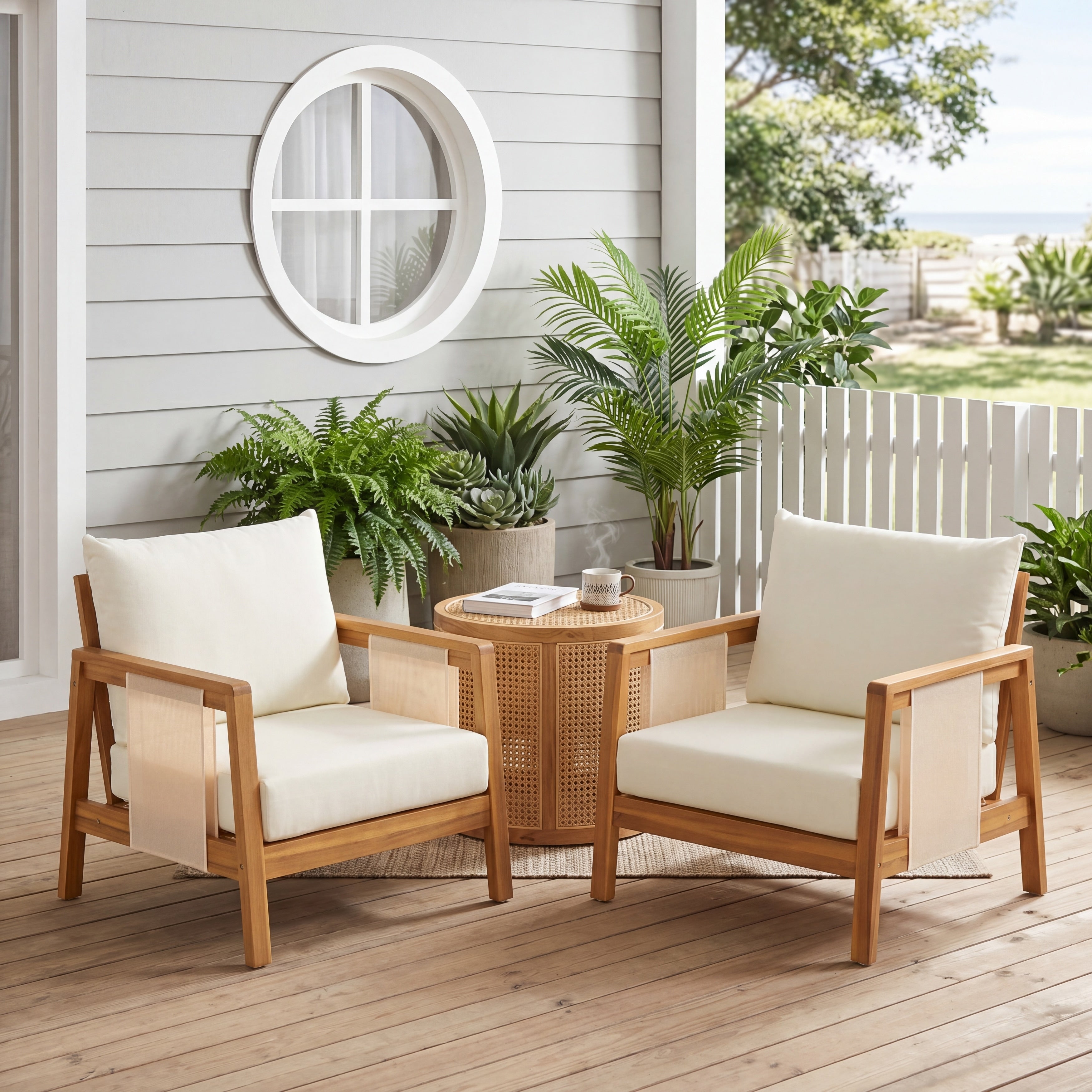 Christopher Knight Home Outdoor Acacia Wood Club Chair With Water Repellent Cushions And Textilene Accents