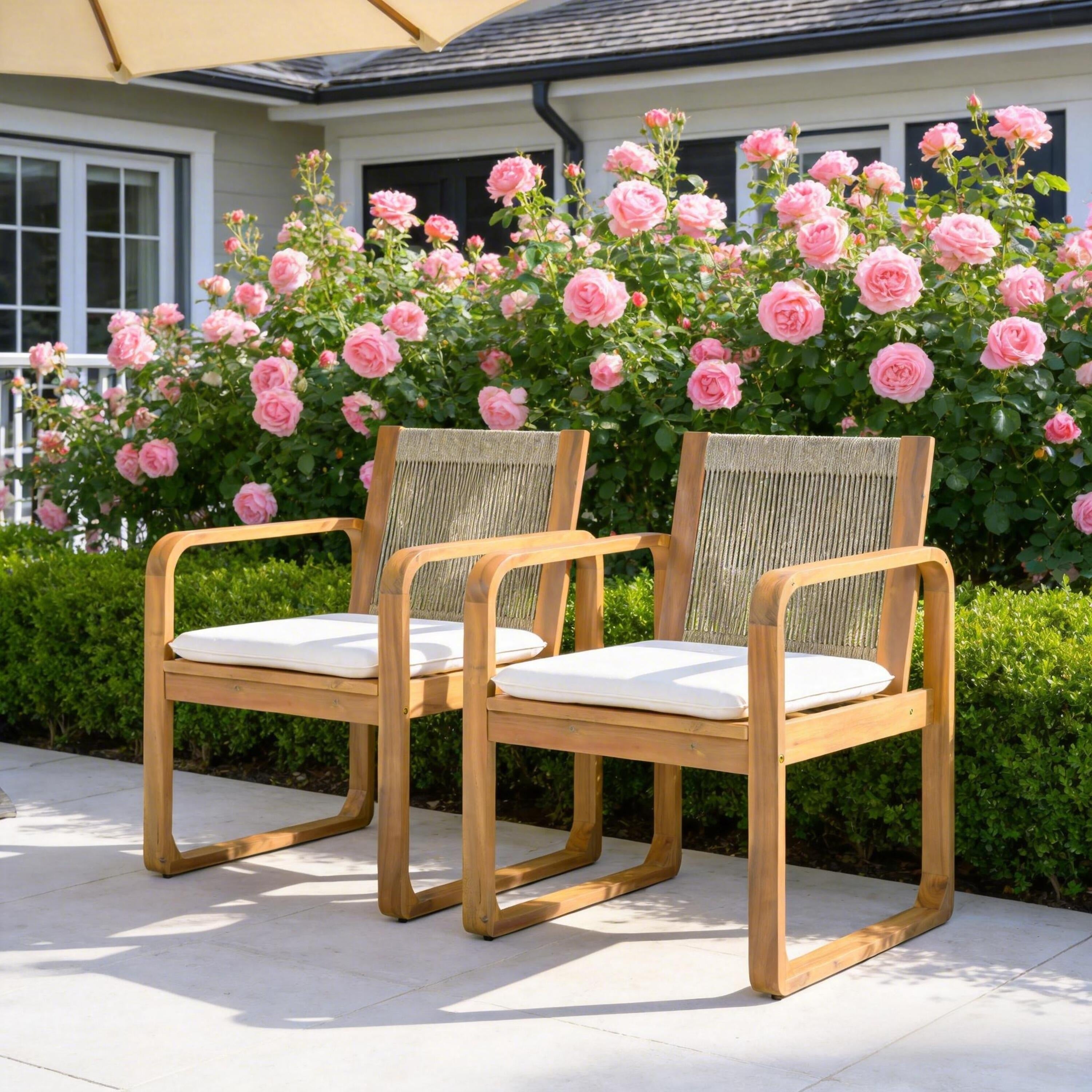 Christopher Knight Home Outdoor Acacia Wood Dining Chairs Set With Rope Back And Water Resistant Cushion