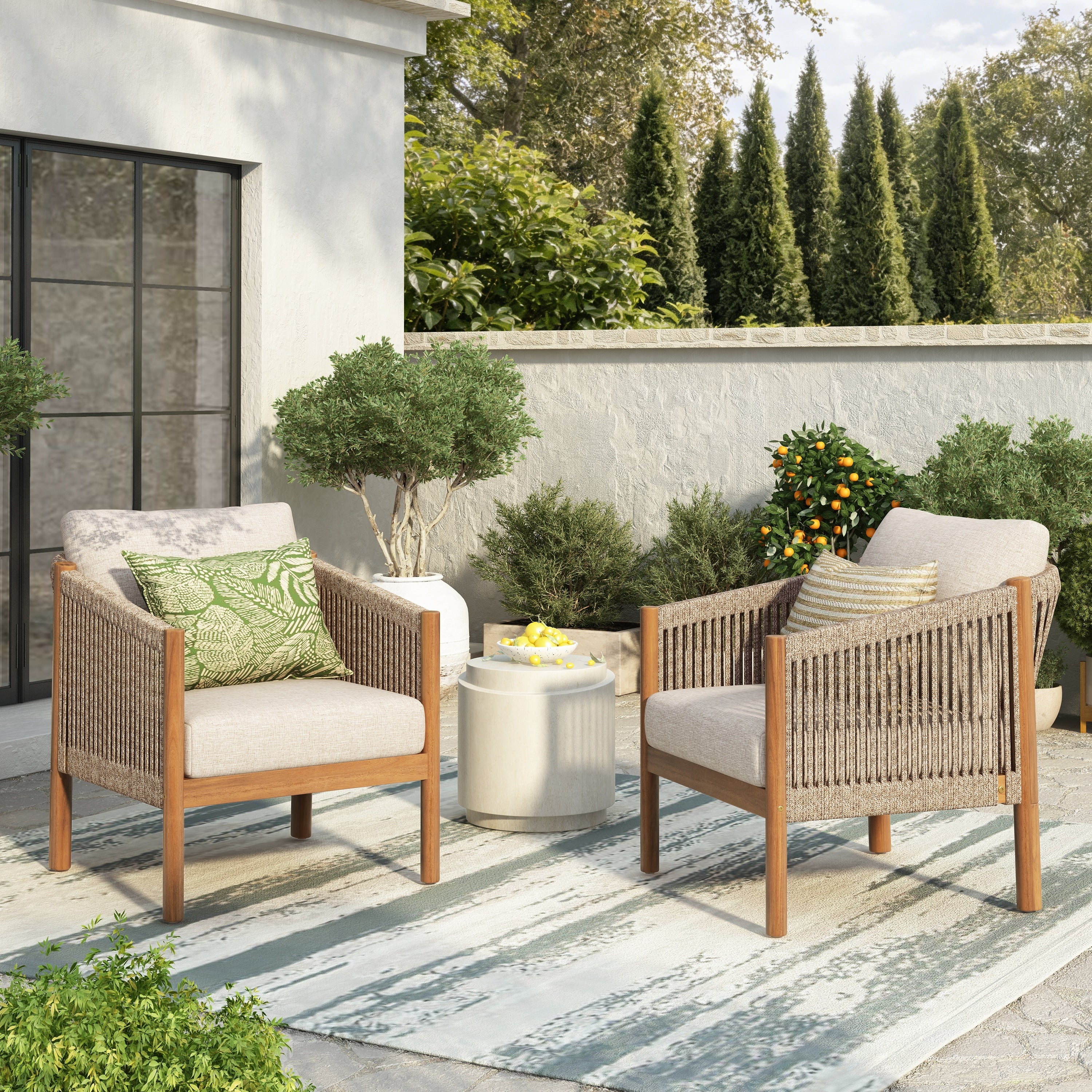 Christopher Knight Home Outdoor Acacia Wood Rope Woven Club Chair With Soft Water Resistant Cushion Ergonomic Backrest