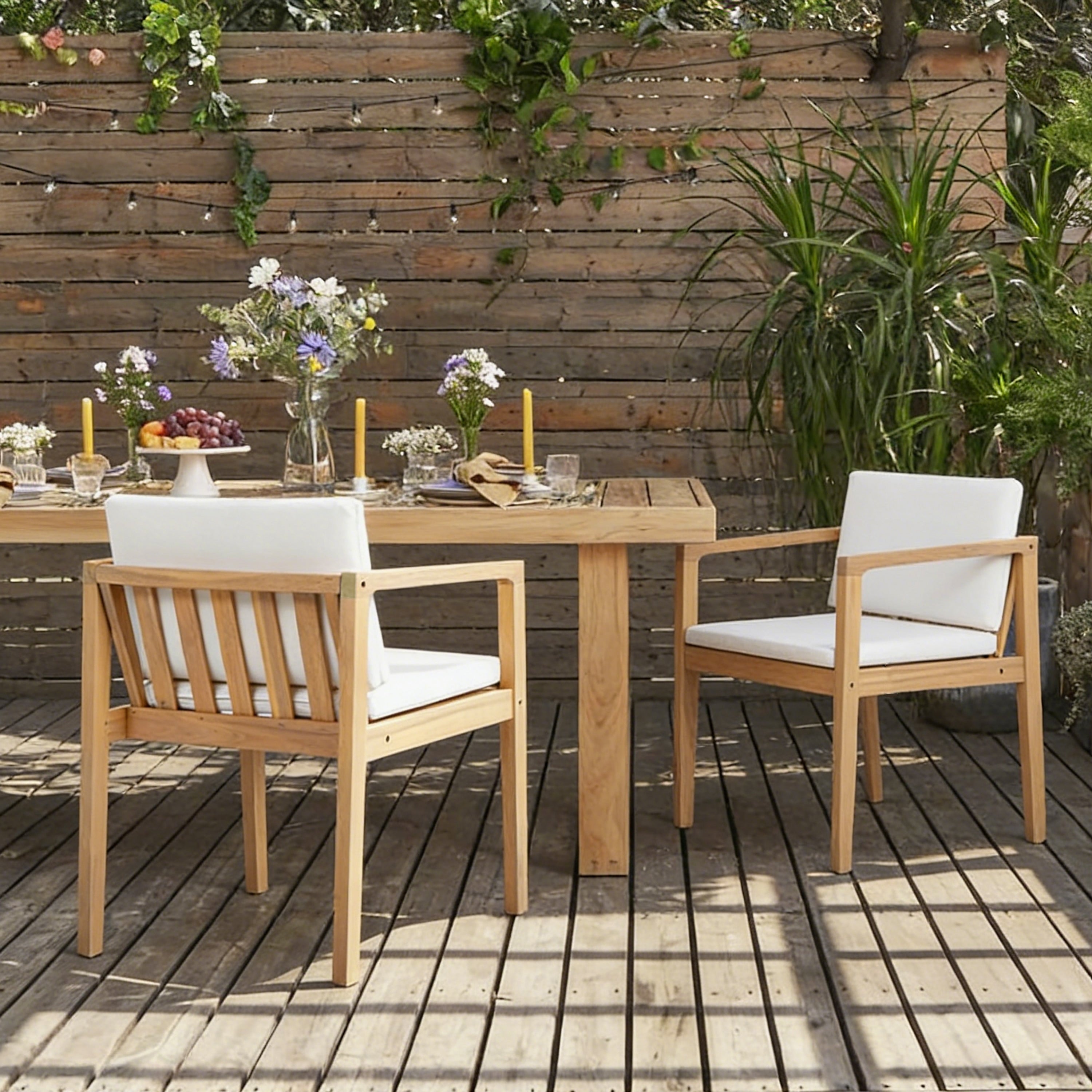 Christopher Knight Home Outdoor Acacia Wood Upholstered Dining Chairs Set With Seat Cushions Slatted Back Teak Finish