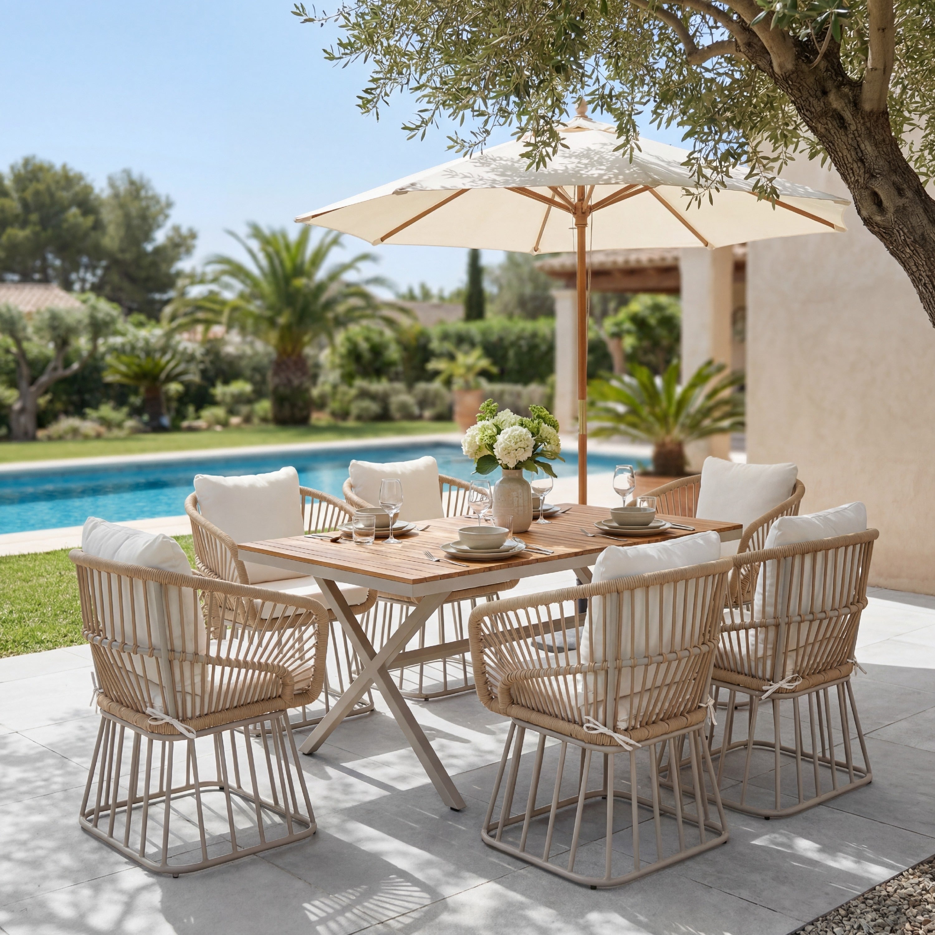 Christopher Knight Home Outdoor Acacia Wood And Steel Dining Set With Wicker Weave Chairs 55.12 Rectangular Dining Table