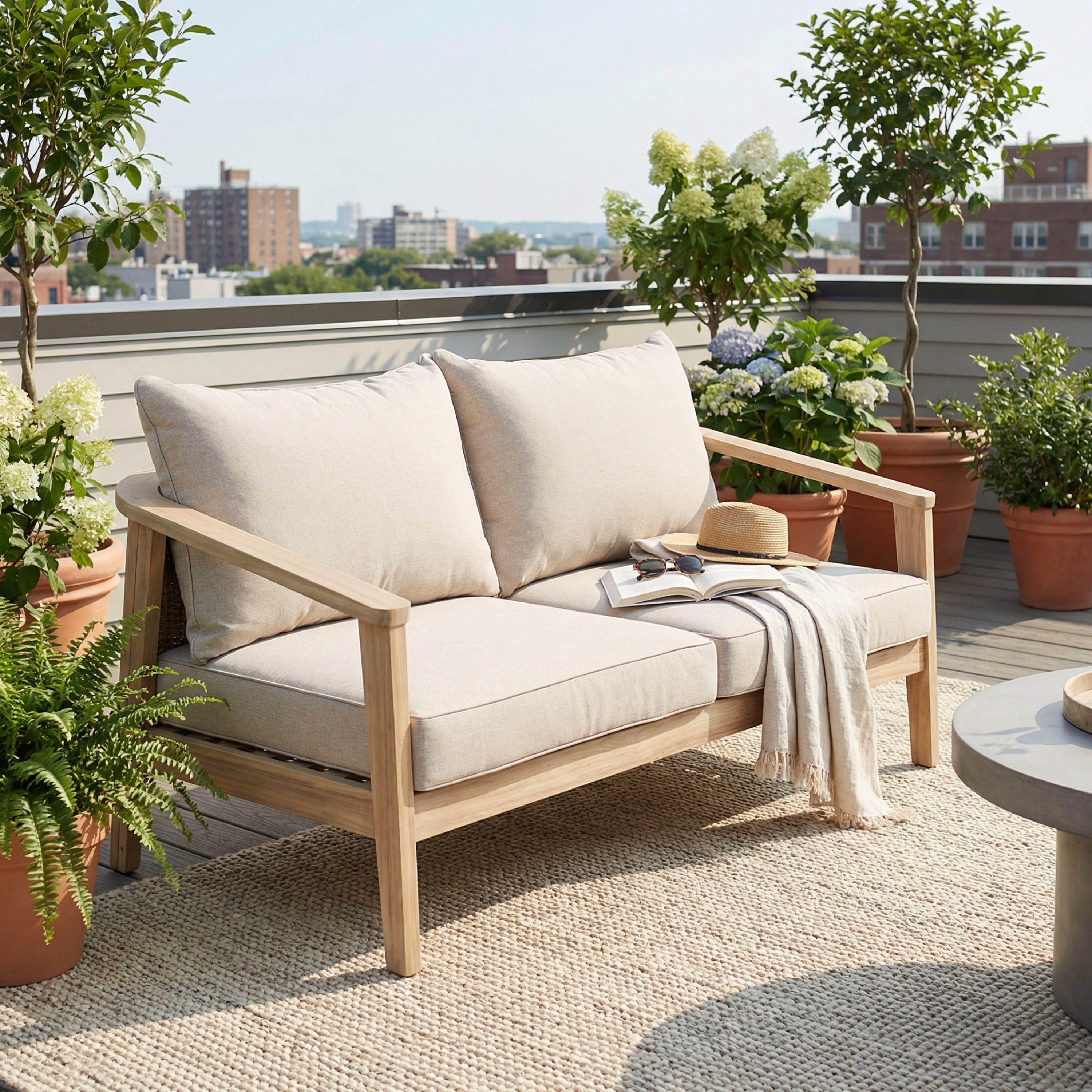 Christopher Knight Home Outdoor Acacia Wood And Wicker 2 Seater Patio Sofa Loveseat With Cushions