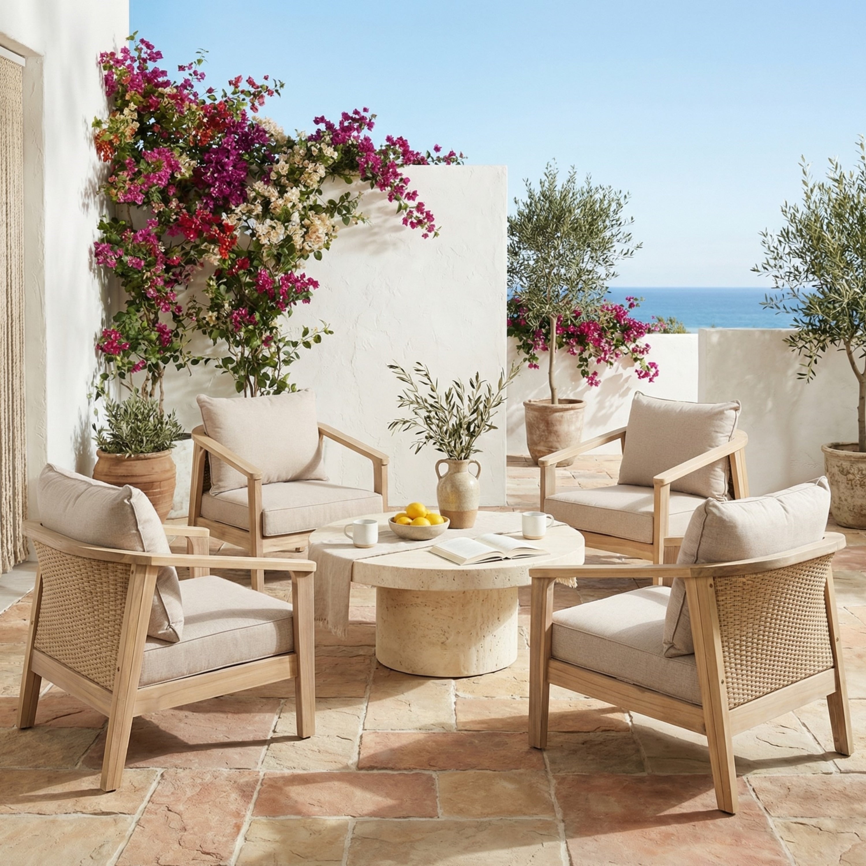 Christopher Knight Home Outdoor Acacia Wood And Wicker Club Chair With Armrest And Soft Seat Back Cushions