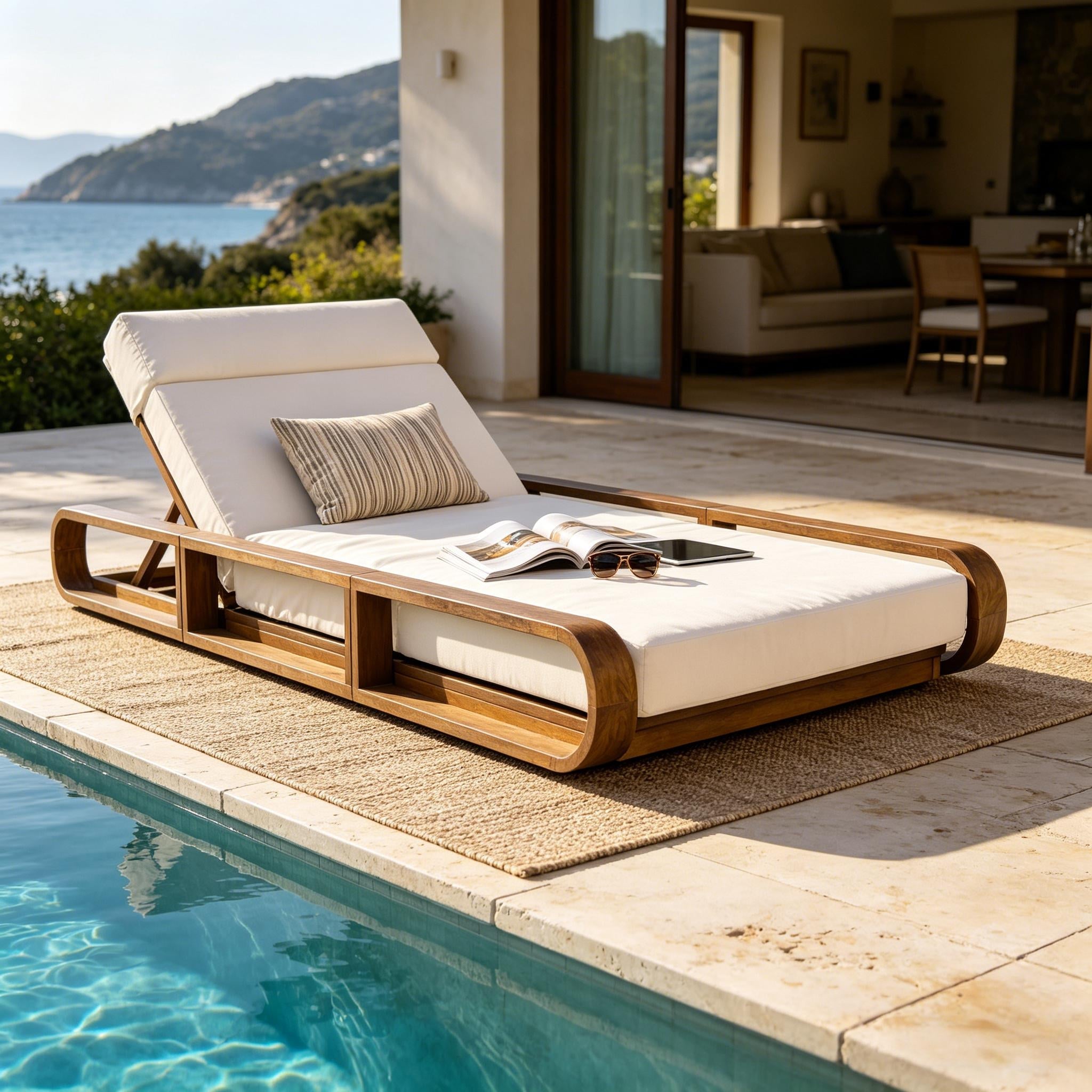 Christopher Knight Home Outdoor Chaise Lounge Acacia Wood Recliner With 4 Position Adjustable Backrest And 4 Fold Cushion