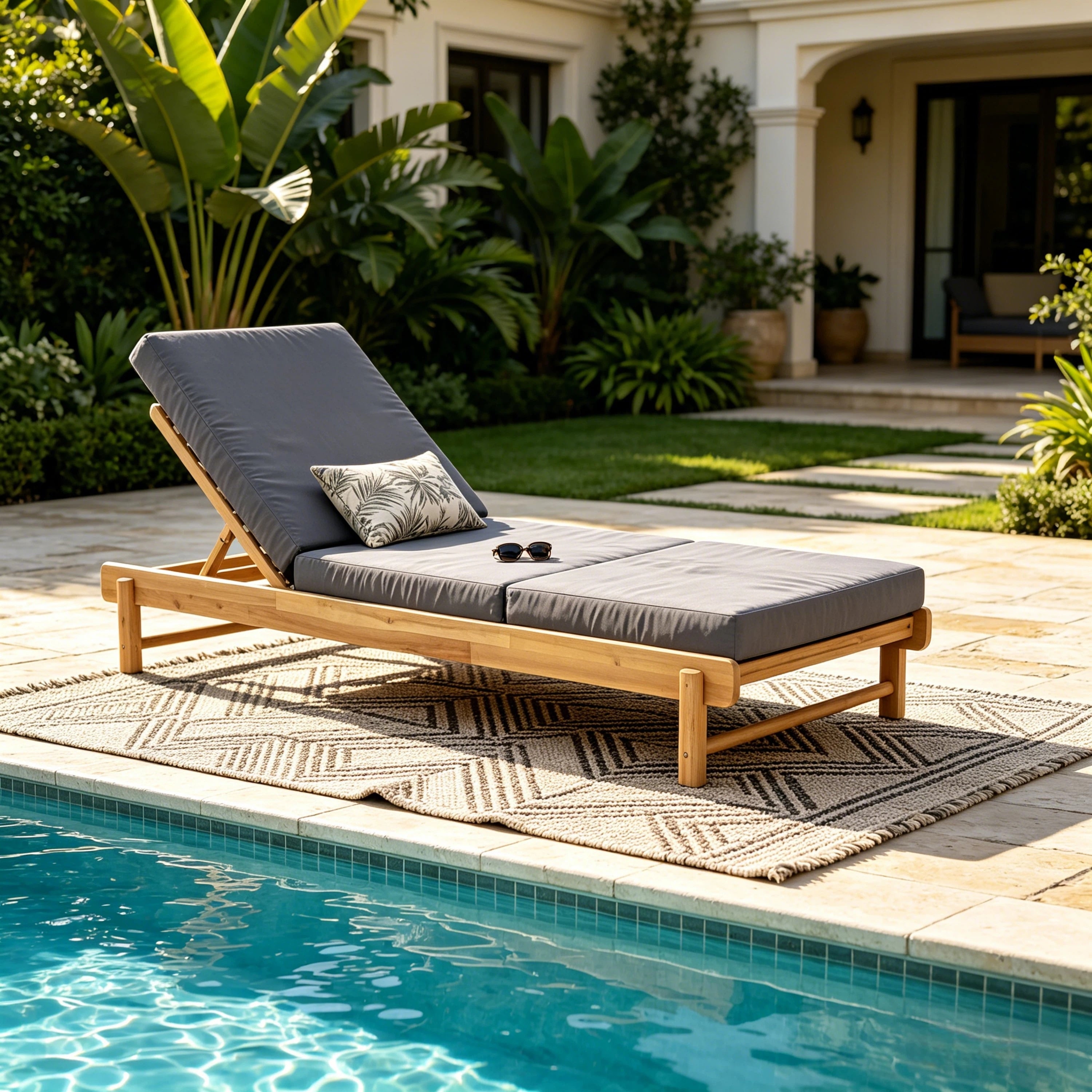 Christopher Knight Home Outdoor Chaise Lounge Acacia Wood With 3 Position Adjustable Backrest And 3 Fold Dark Grey Cushion