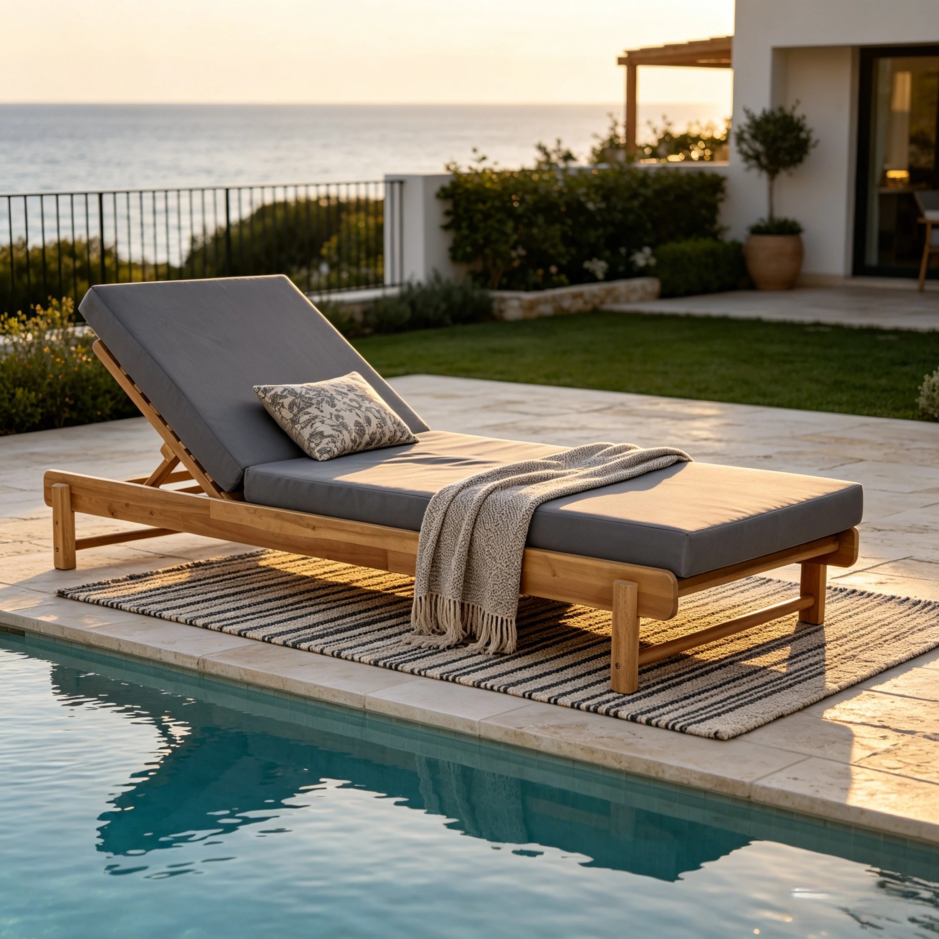 Christopher Knight Home Outdoor Chaise Lounge Acacia Wood With 3 Position Adjustable Backrest And Water Resistant Cushion