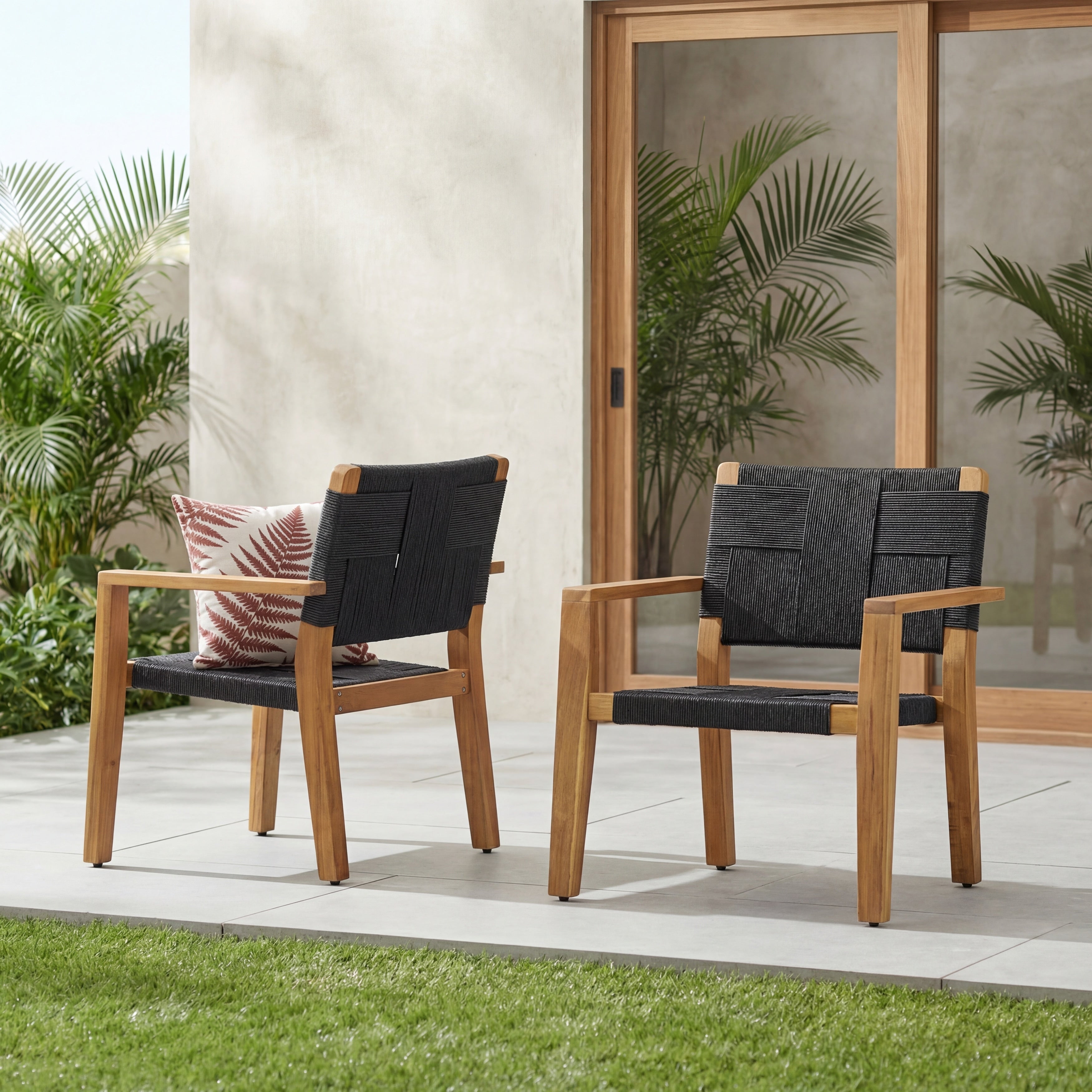 Christopher Knight Home Outdoor Club Chair Set Acacia Wood With Rope Weave And Adjustable Feet