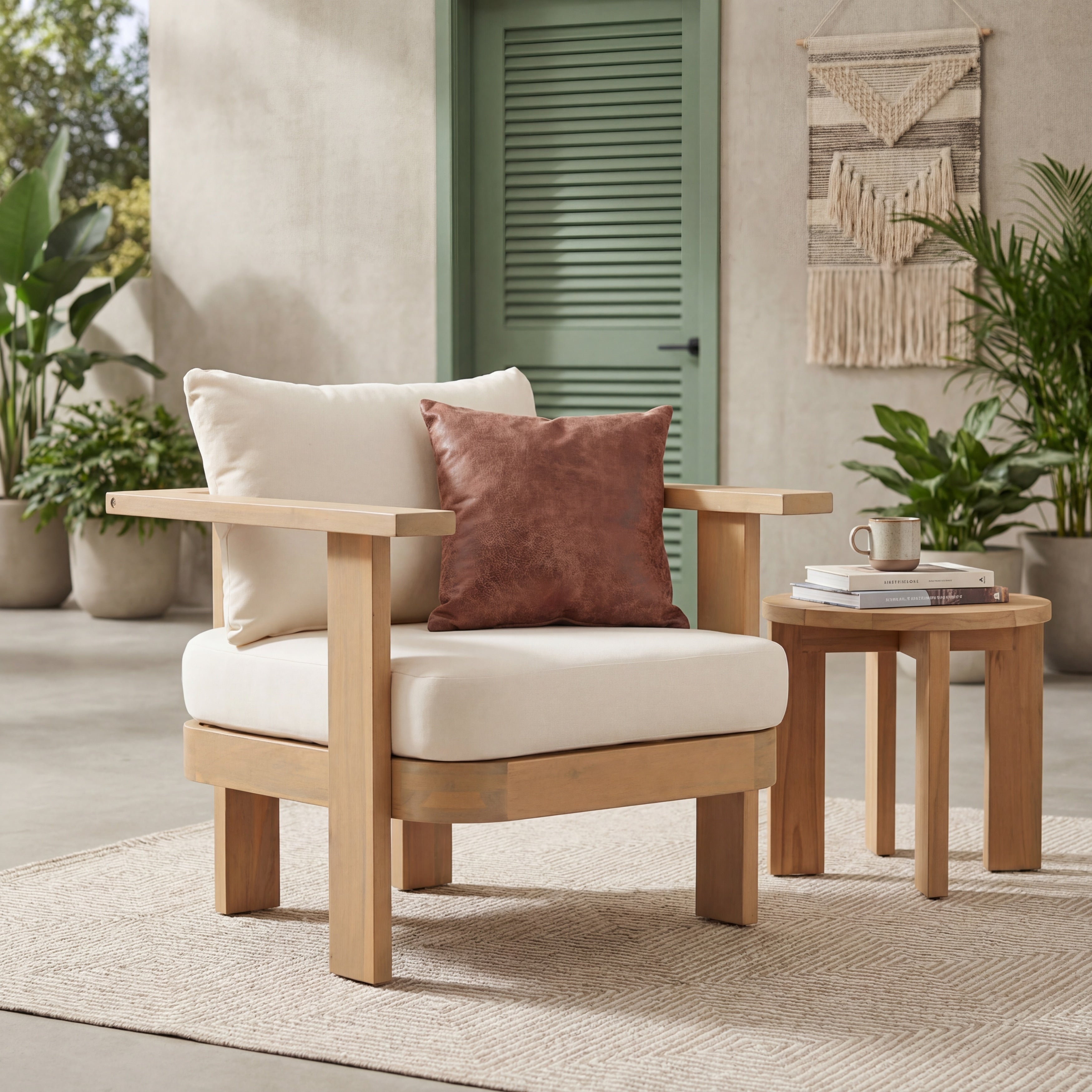 Christopher Knight Home Outdoor Indoor 16.7 Seat Height Acacia Wood Patio Club Chair With Plush Cushions