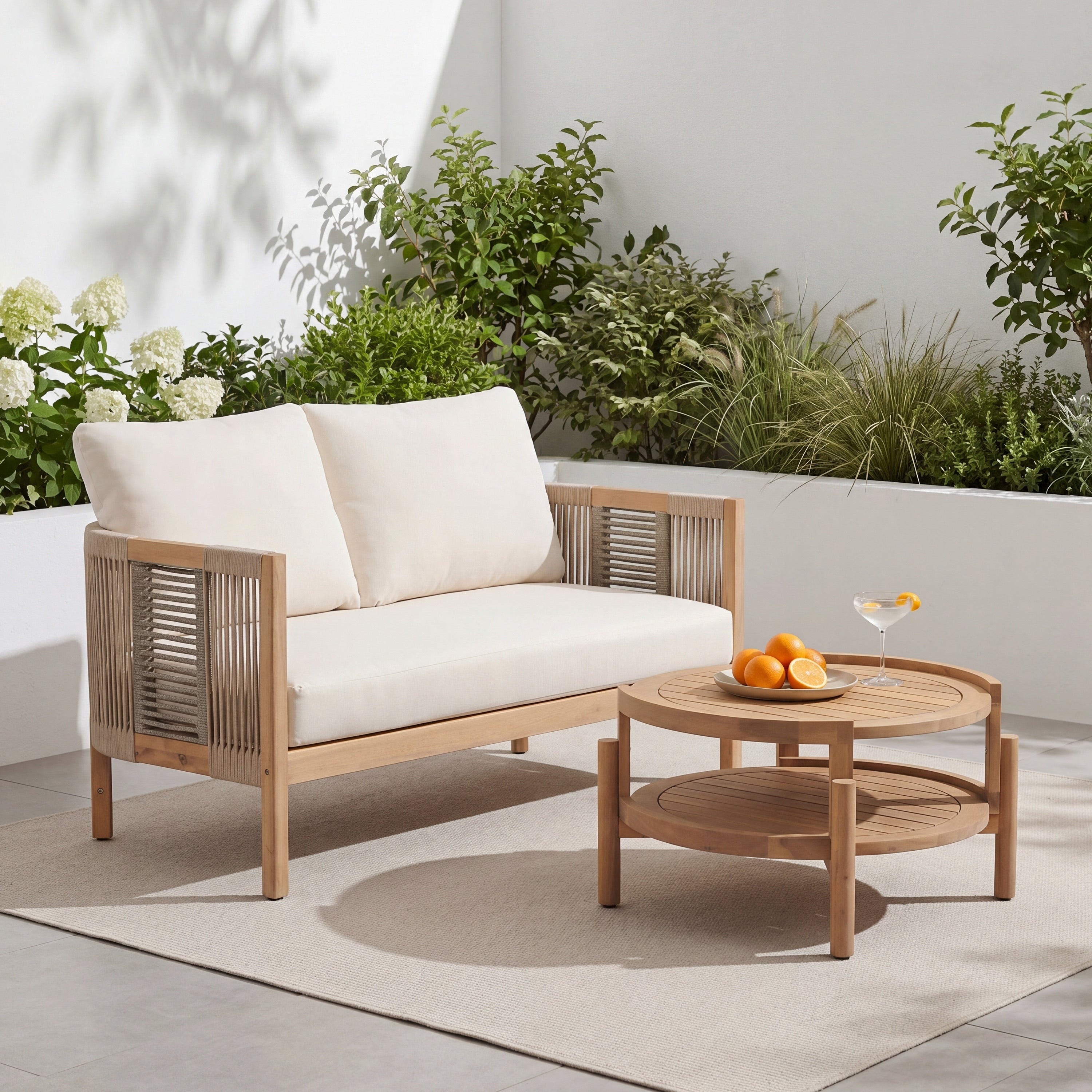 Christopher Knight Home Outdoor Loveseat And Coffee Table Set Acacia Wood With Rope Accents And Cushions