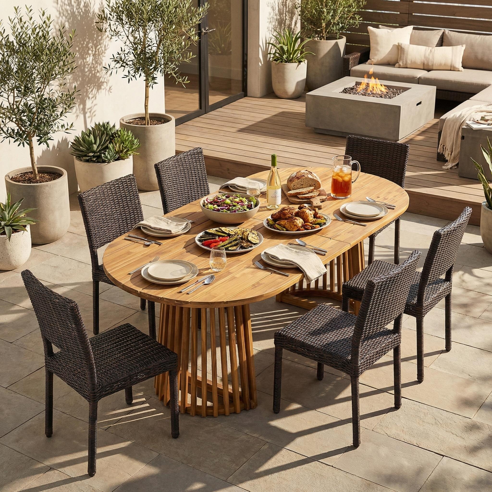Christopher Knight Home Patio 7 Piece Wicker And Wood Oval Outdoor Dining Set