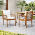 Christopher Knight Home Piney Set Of 2 Outdoor Patio Chairs Acacia Wood With Rope Arms And Water Resistant Cushions