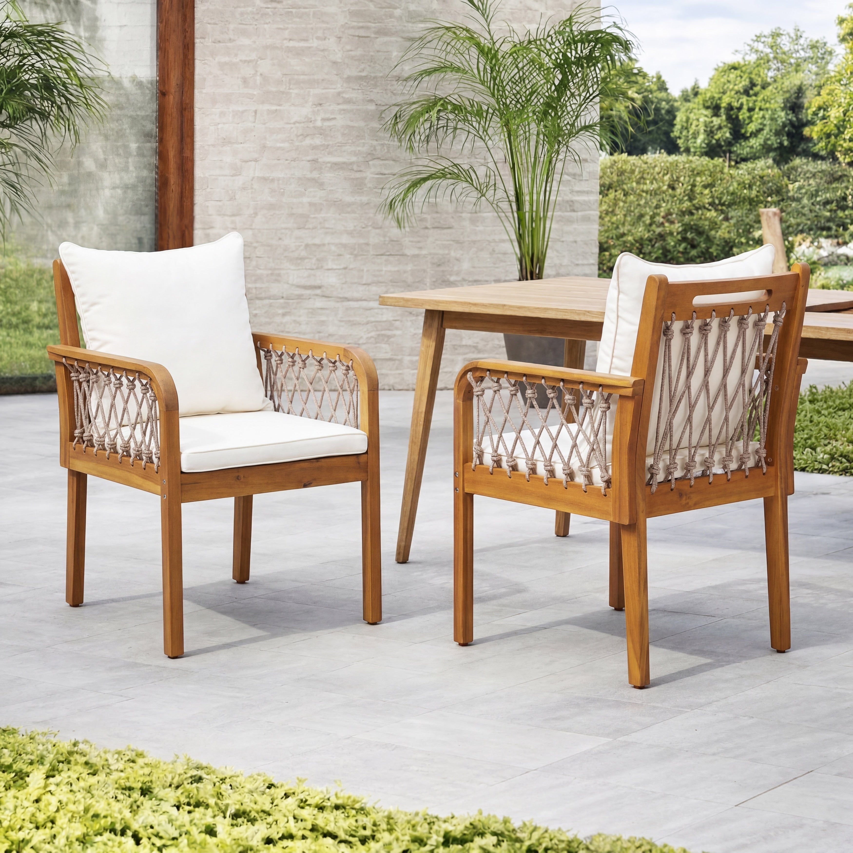 Christopher Knight Home Piney Set Of 2 Outdoor Patio Chairs Acacia Wood With Rope Arms And Water Resistant Cushions