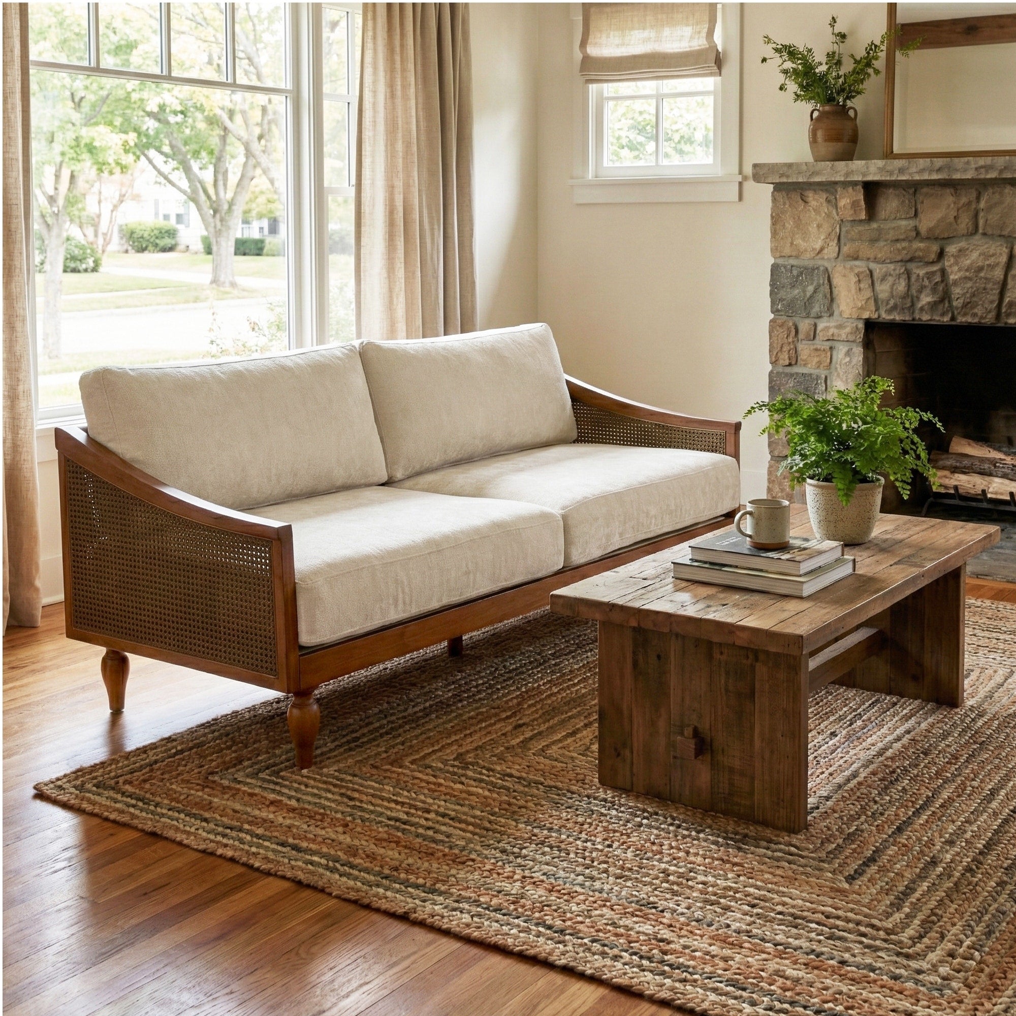 Christopher Knight Home Riverton Mid Century Upholstered Loveseat Sofa With Rattan Armrests