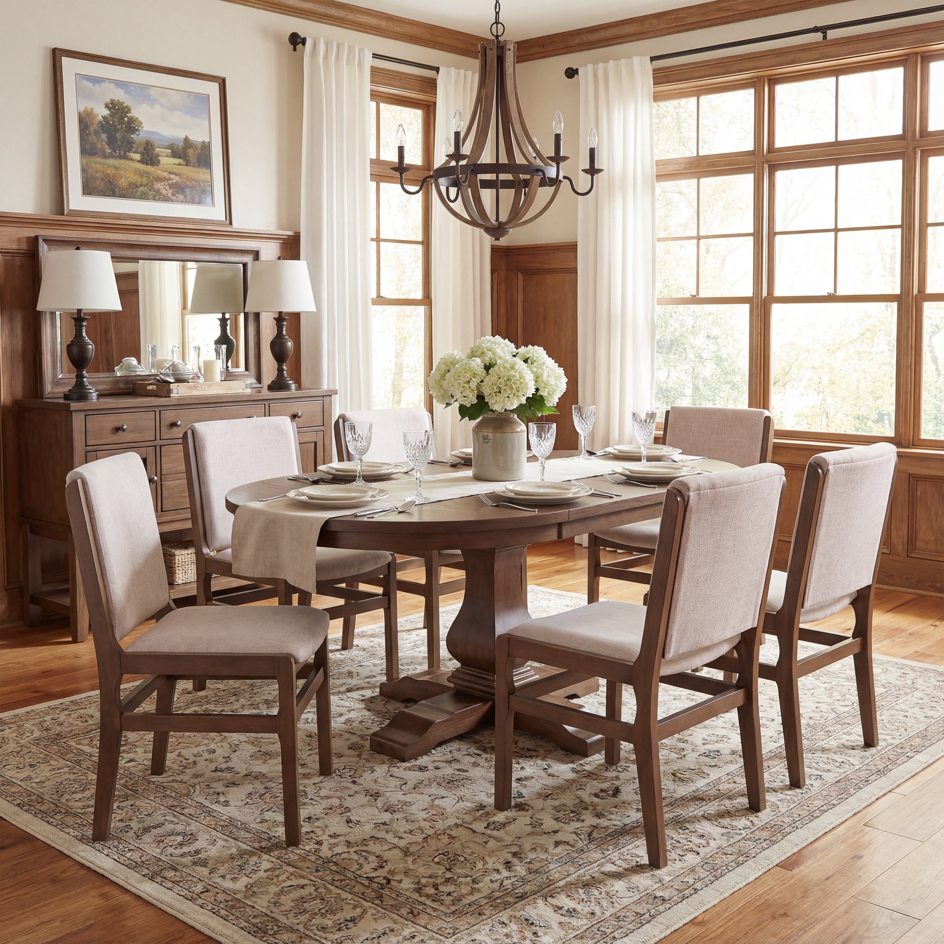 Christopher Knight Home Rodney 7 Piece Dining Set Soft Upholstered Chairs With Wood Extendable Table Carved Pedestal Base