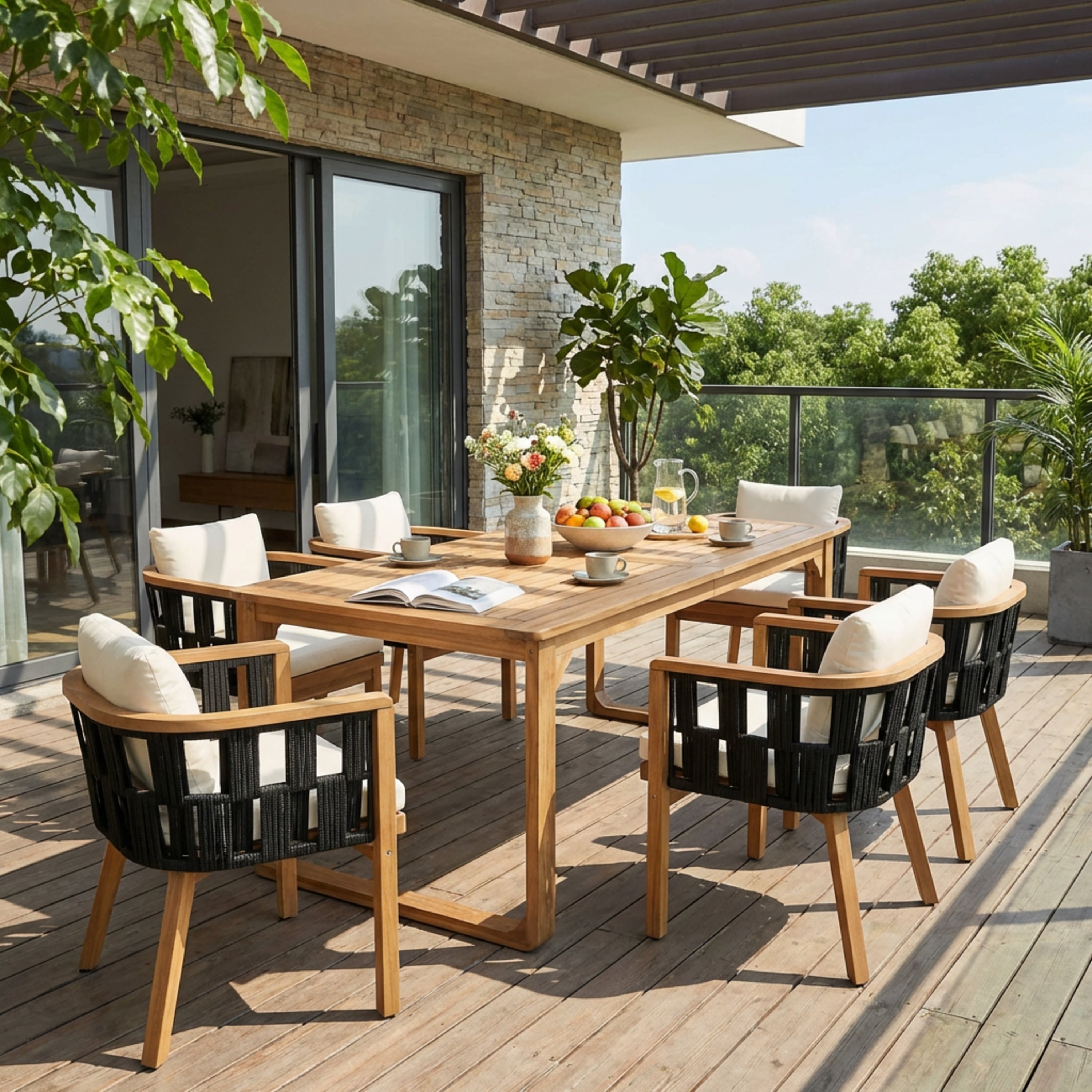 Christopher Knight Home Ronan Outdoor Acacia Wood Dining Set With Flat Rope Chairs Curved Leg Dining Table Teak Finish