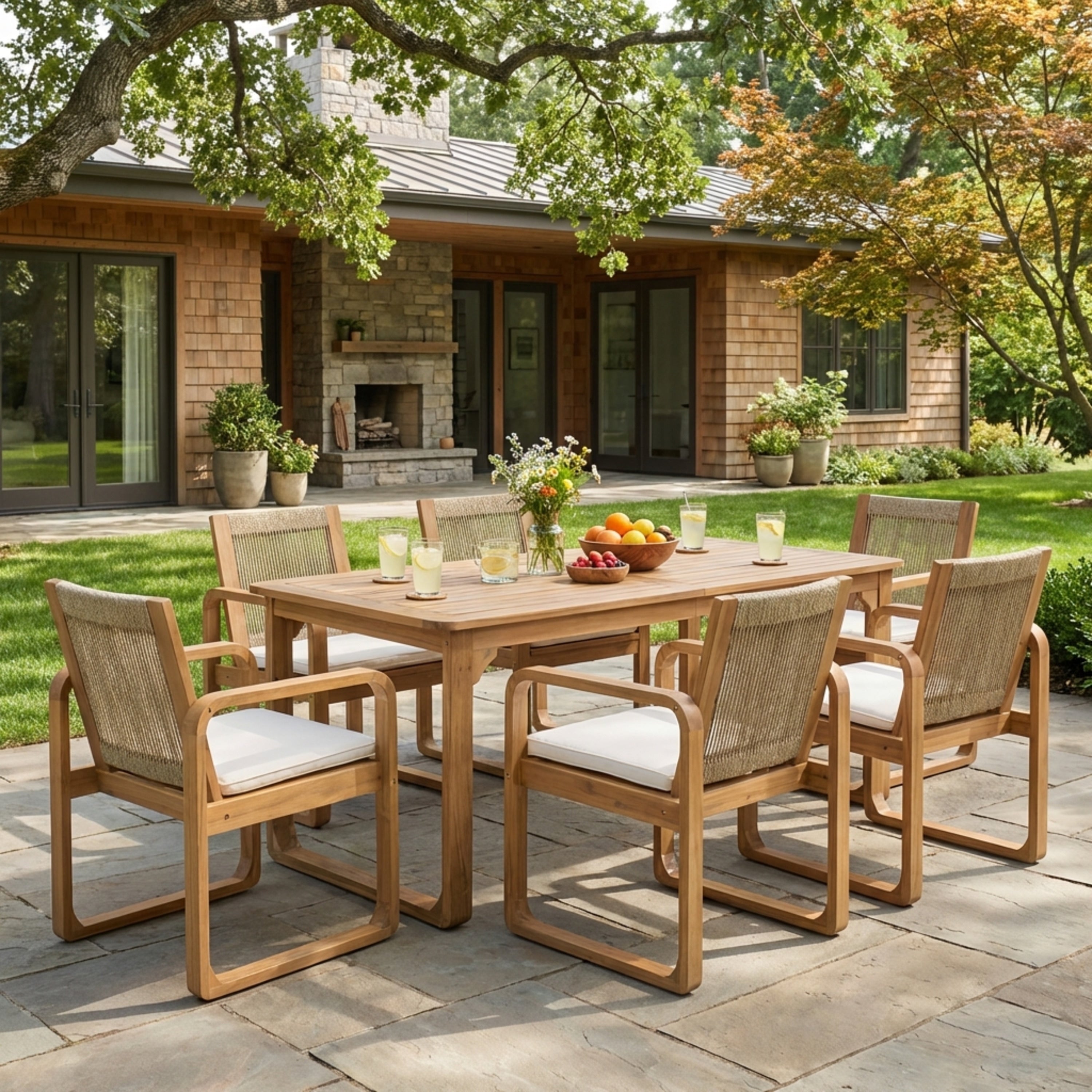 Christopher Knight Home Ronan Outdoor Acacia Wood Dining Set With Rope Back Chairs Curved Leg Dining Table Teak Finish