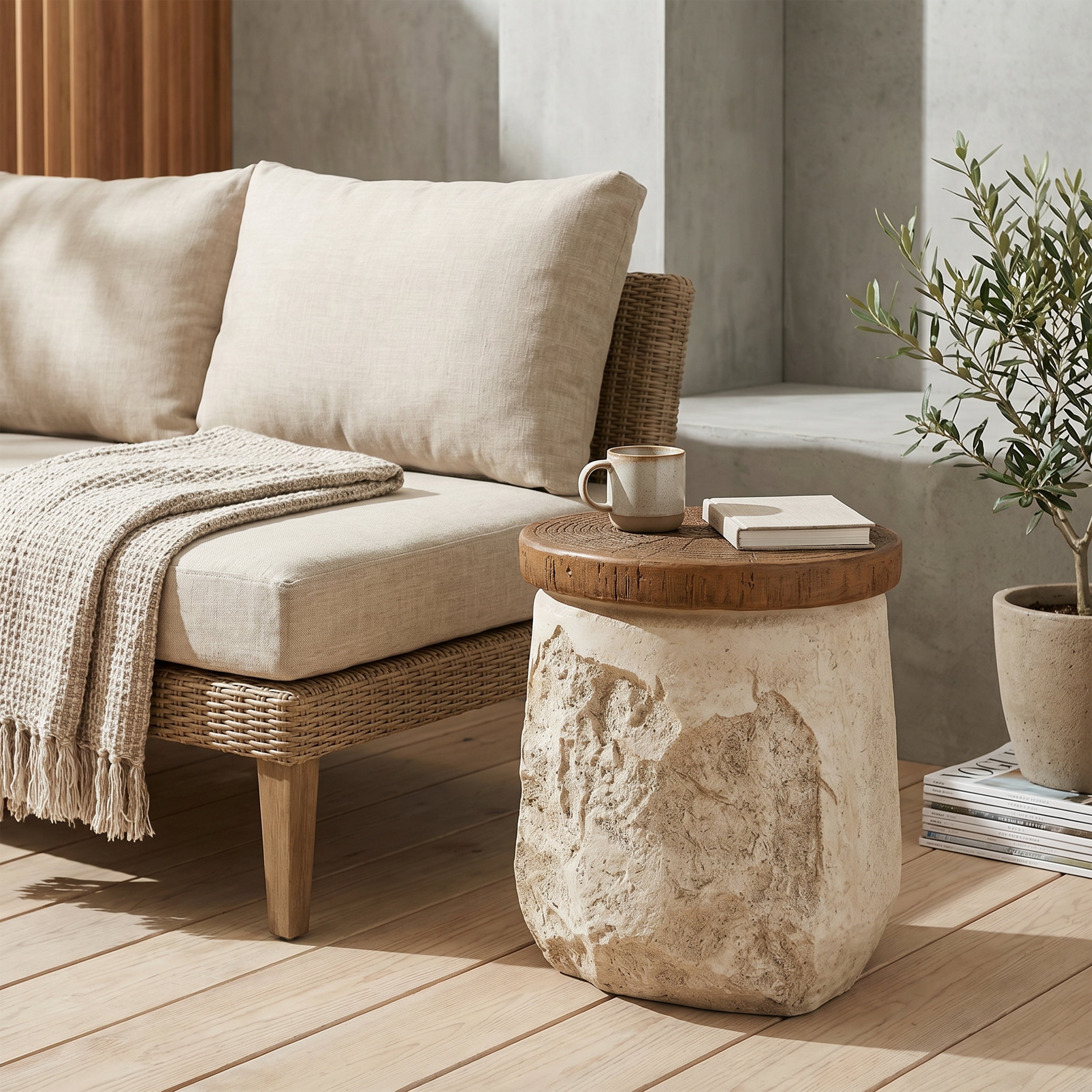 Christopher Knight Home Rustic Outdoor Side Table Lightweight Concrete Mgo With Faux Wood Grain Top For Patio Garden