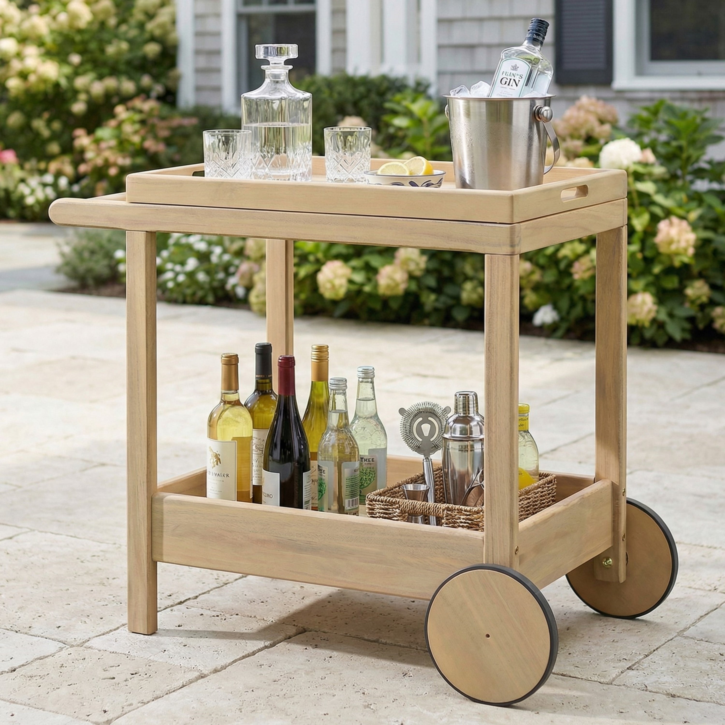 Christopher Knight Home Saratoga Outdoor Acacia Wood Rolling Bar Cart With Serving Tray Storage Shelf Ergonomic Grip Handle