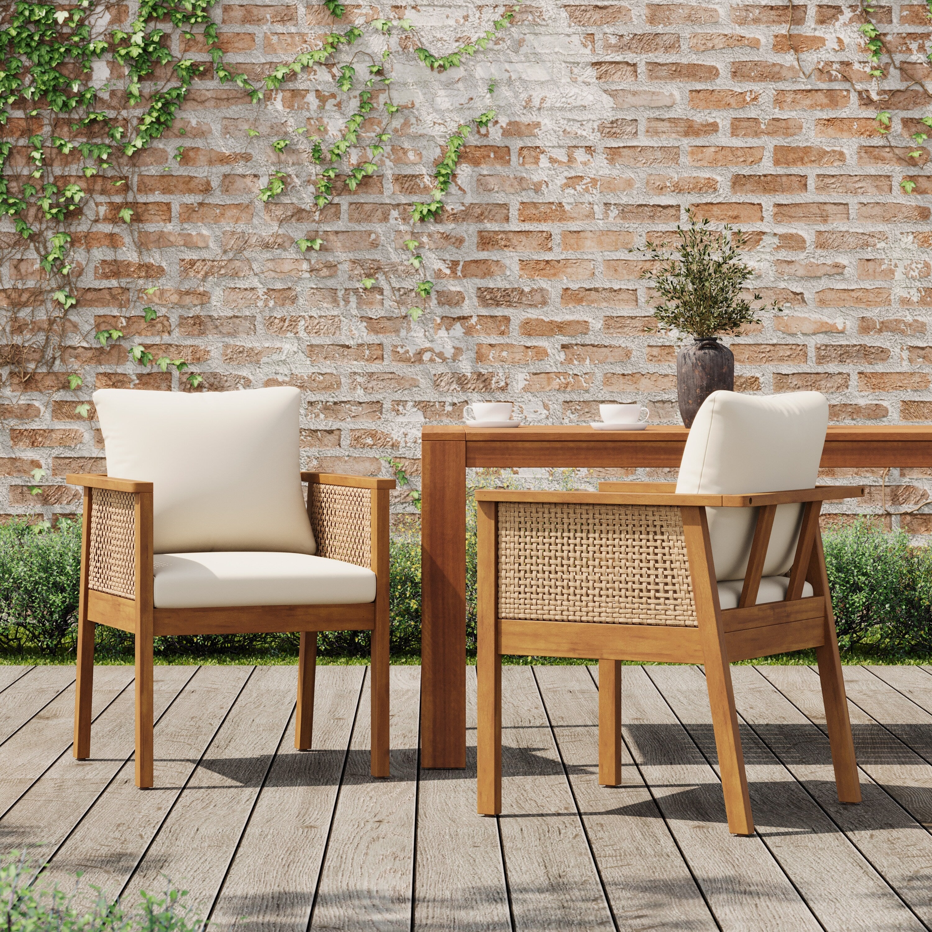 Christopher Knight Home Set Of 2 Mid Century Modern Acacia Wood Dining Chairs With Handwoven Wicker Back And Washable Cushions