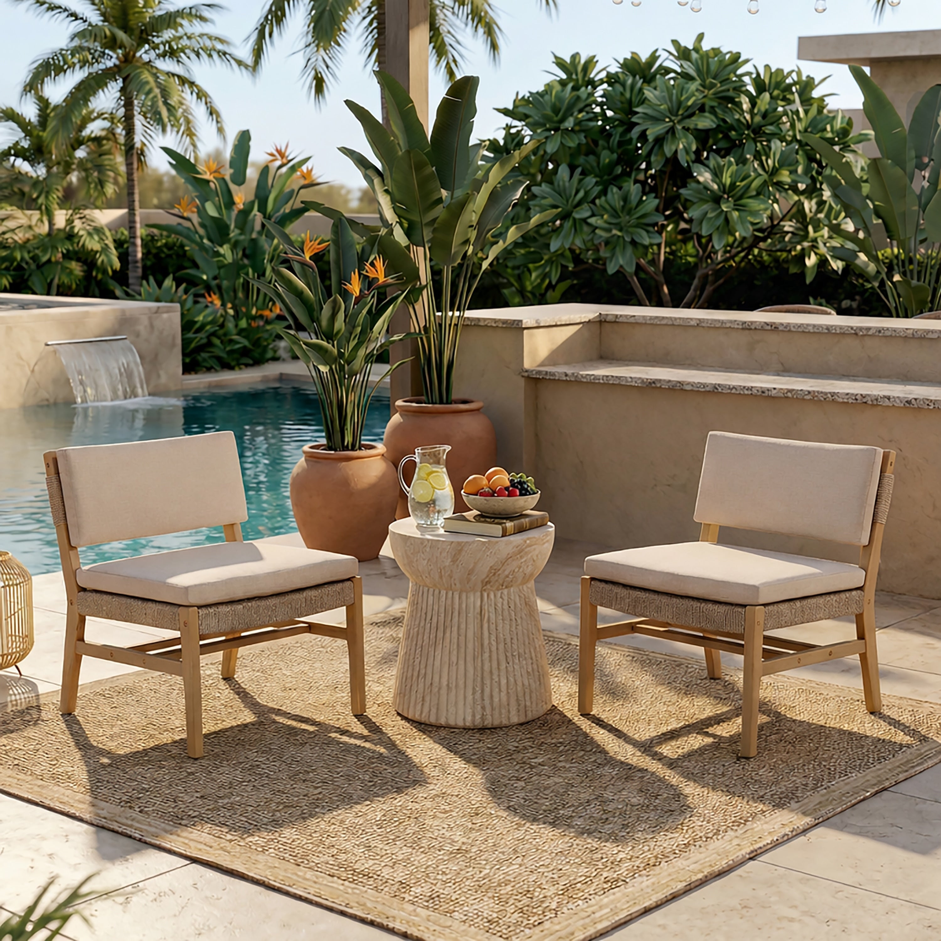 Christopher Knight Home Set Of 2 Outdoor Acacia Wood Lounge Chairs With Woven Rope Frame And Beige Cushions