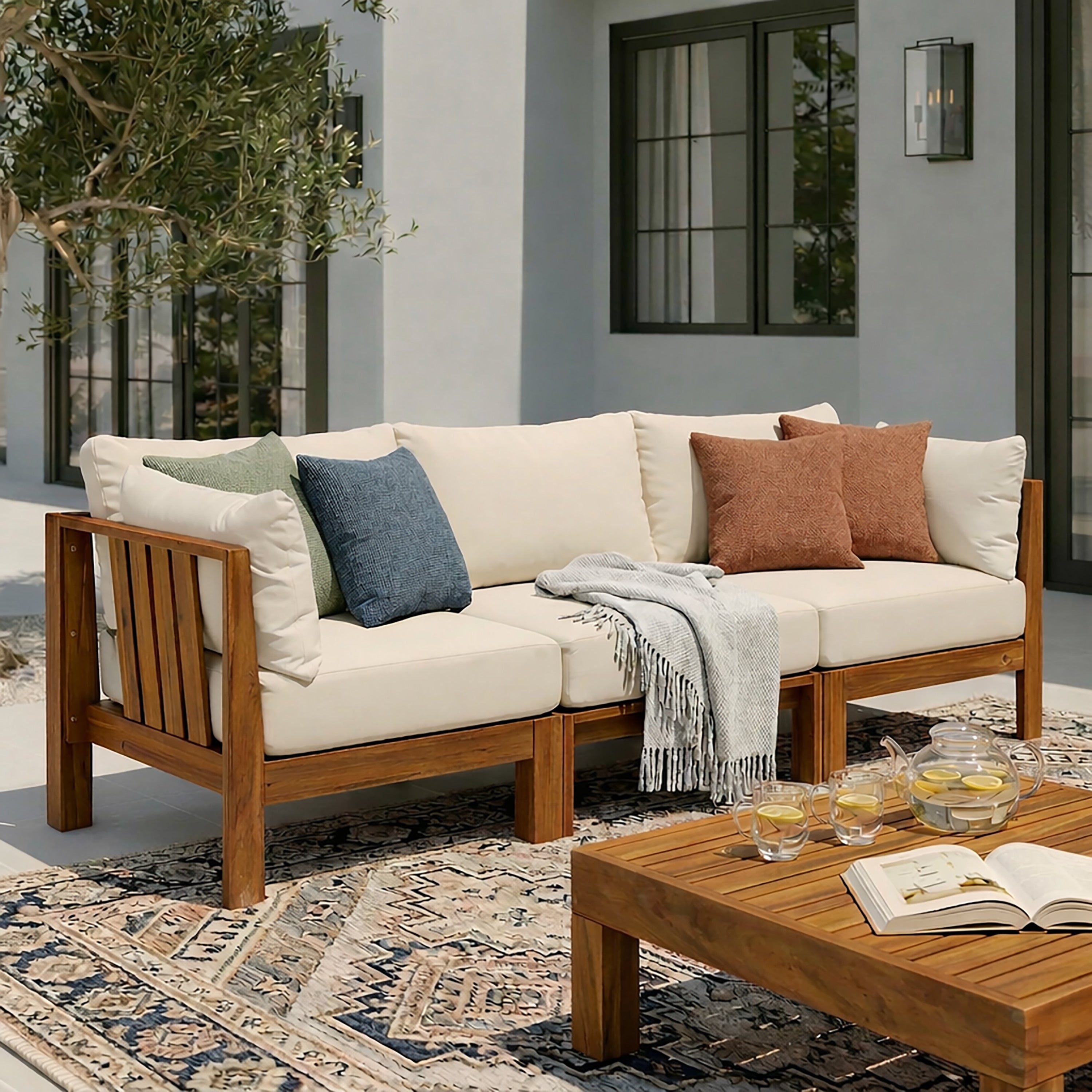 Christopher Knight Home Sicily Modern 88.4 Outdoor Solid Acacia Wood 3 Seater Modular Sectional Sofa With Supportive Cushions