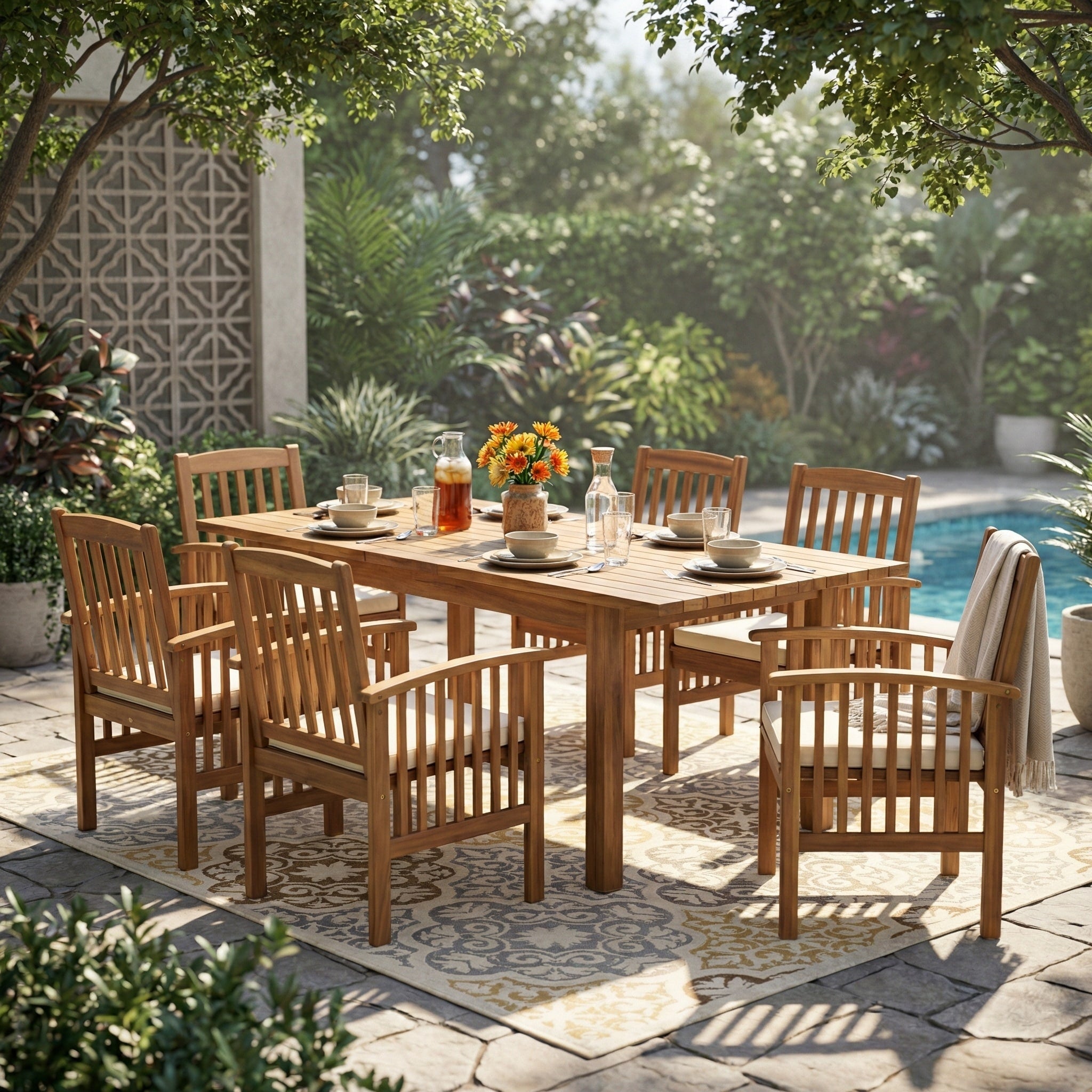 Christopher Knight Home Solid Acacia Wood Extendable 7 Piece Outdoor Dining Set With Cushioned Chairs