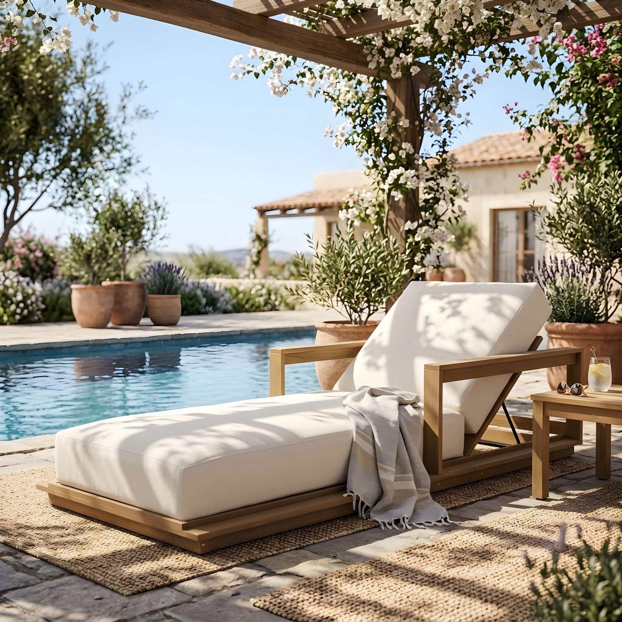 Christopher Knight Home Solmere Outdoor Chaise Lounge Acacia Wood Adjustable Recling Backrest With Water Resistant Cushion