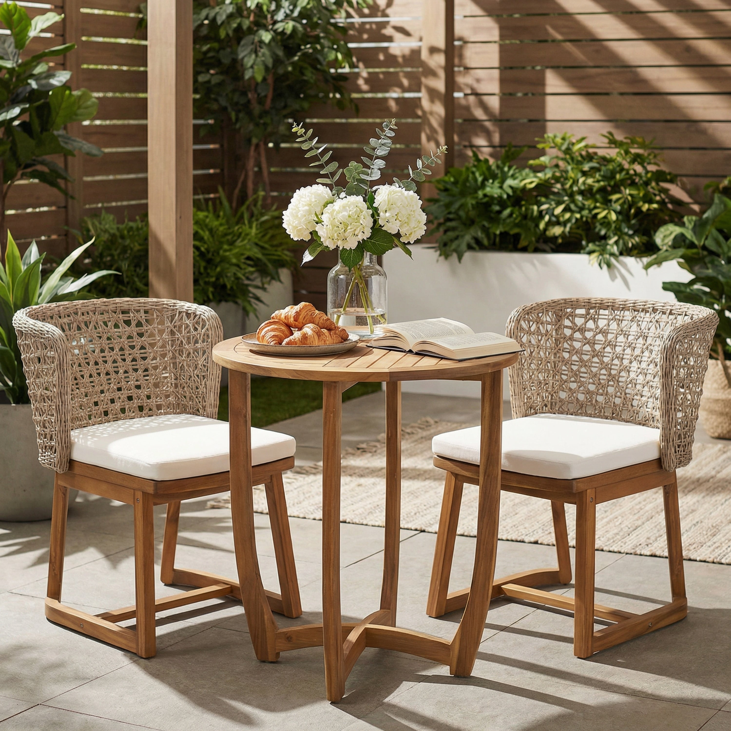 Christopher Knight Home Solterra Outdoor Acacia Wood 3 Piece Conversation Set With Wicker Chairs And Cushions
