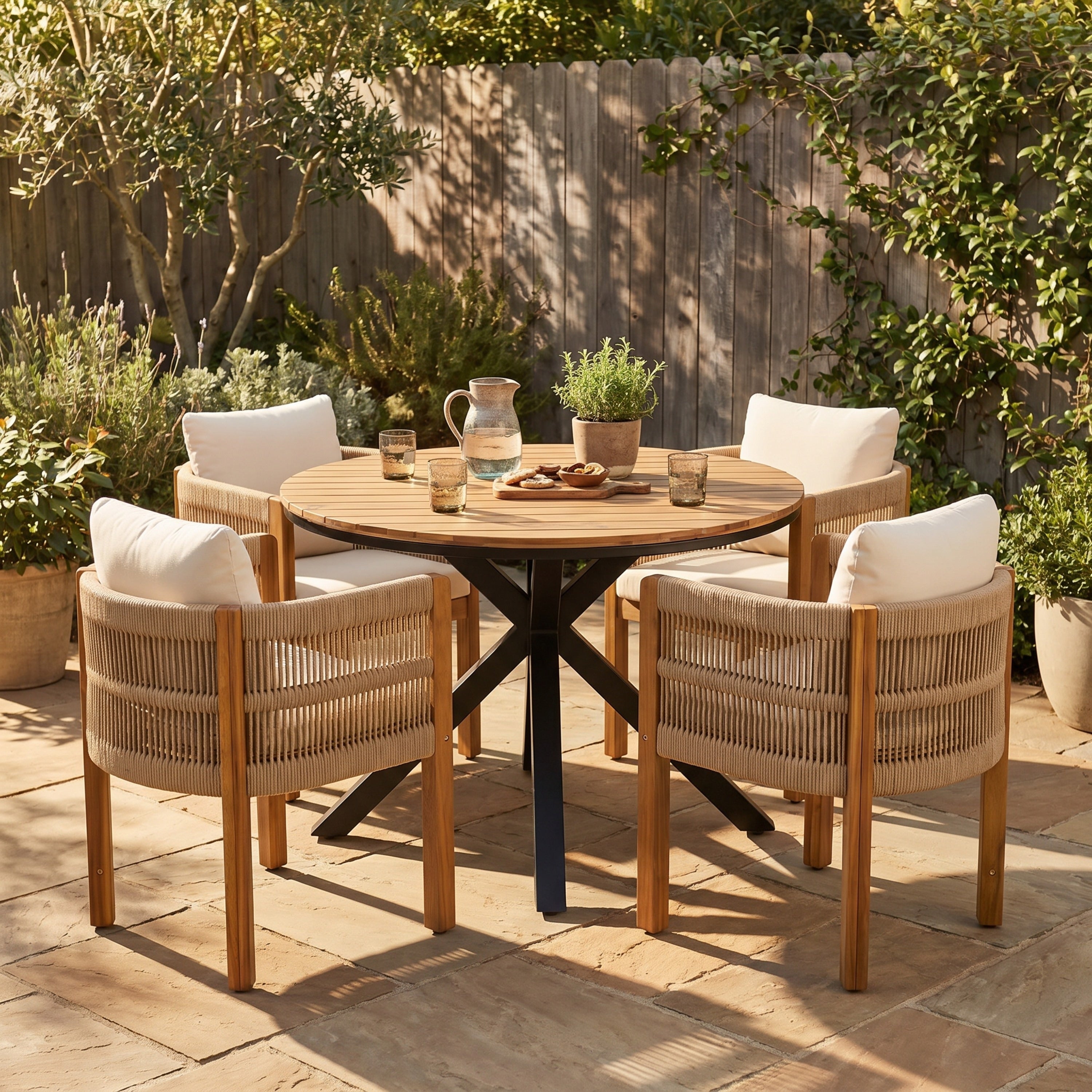 Christopher Knight Home Sonoma 5 Piece Outdoor Dining Set In Teak Finish Wood With Rope Chairs And Beige Cushions
