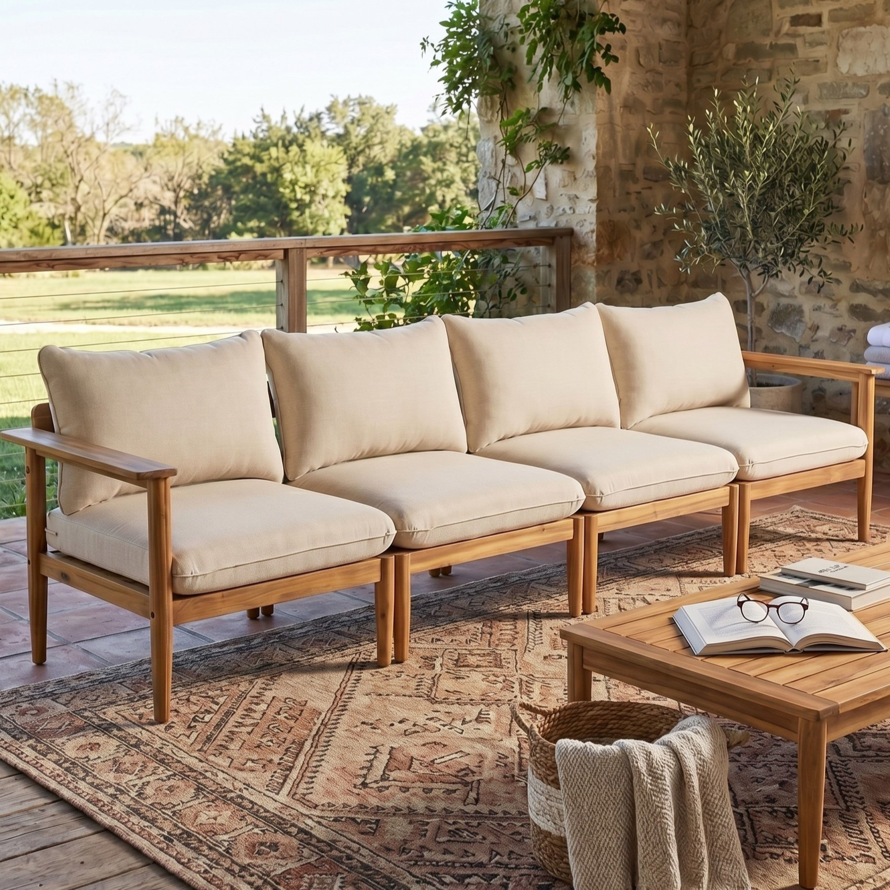 Christopher Knight Home Terassi Outdoor Acacia Wood 4 Seat Modular Sofa With Supportive Cushions Slatted Back