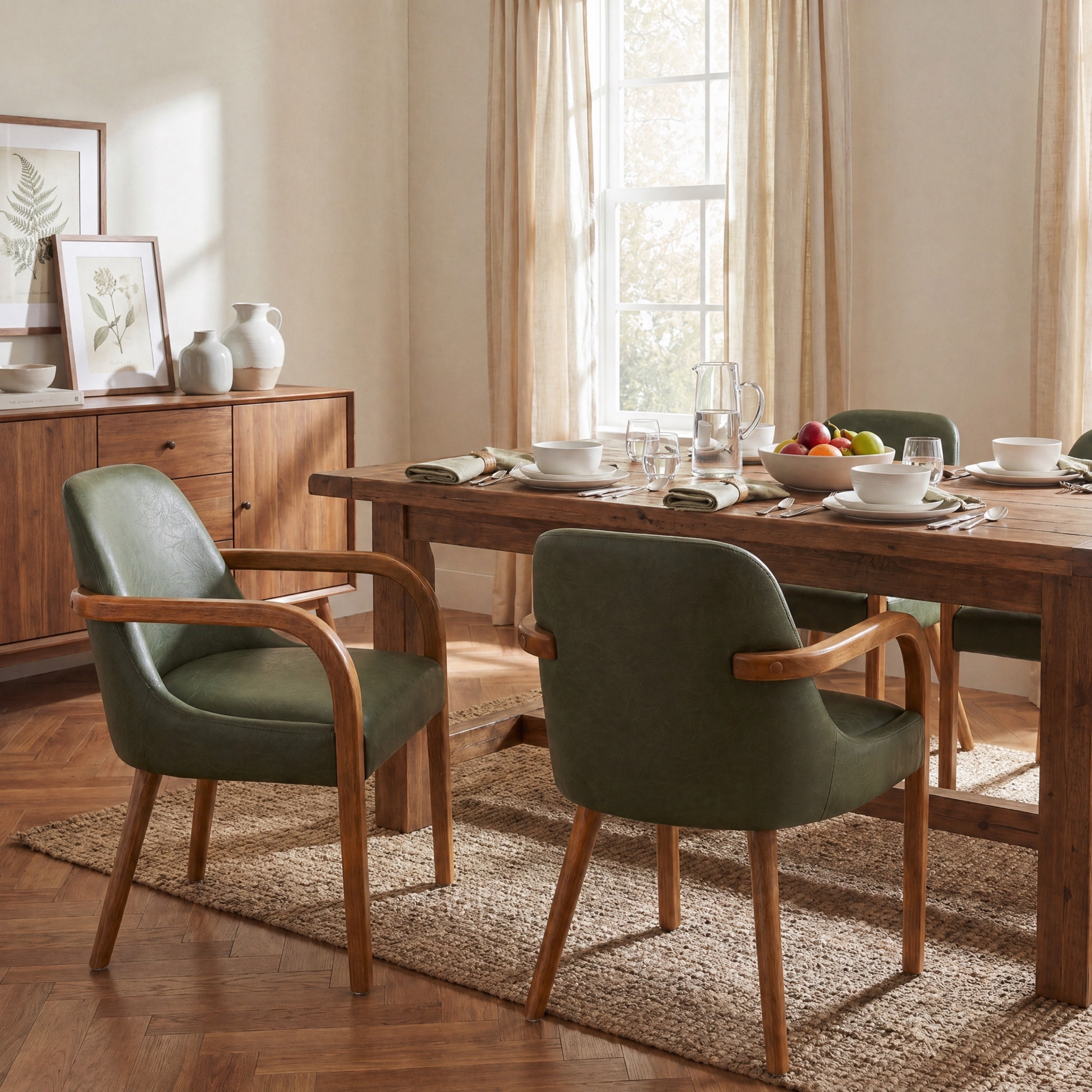 Christopher Knight Home Tilson Mid Century Upholstered Dining Arm Chairs Curved Wood Arms Ergonomic Wingback Set Of 2