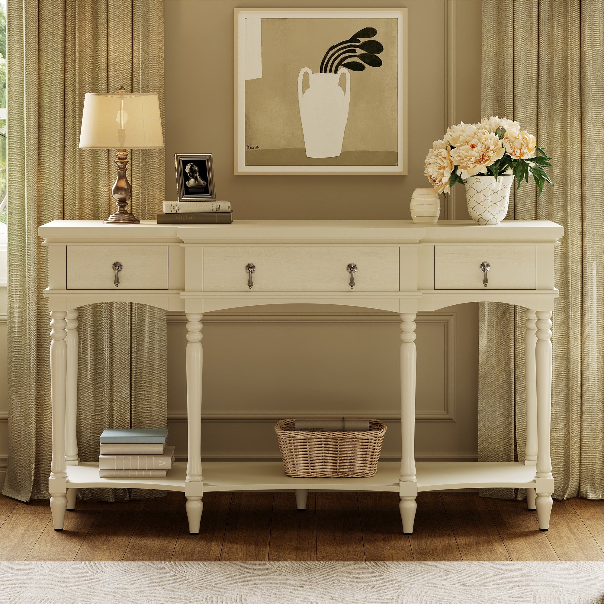 Christopher Knight Home Traditional Wooden Console Table With 3 Soft Close Drawers Turned Roman Legs Copper Handles
