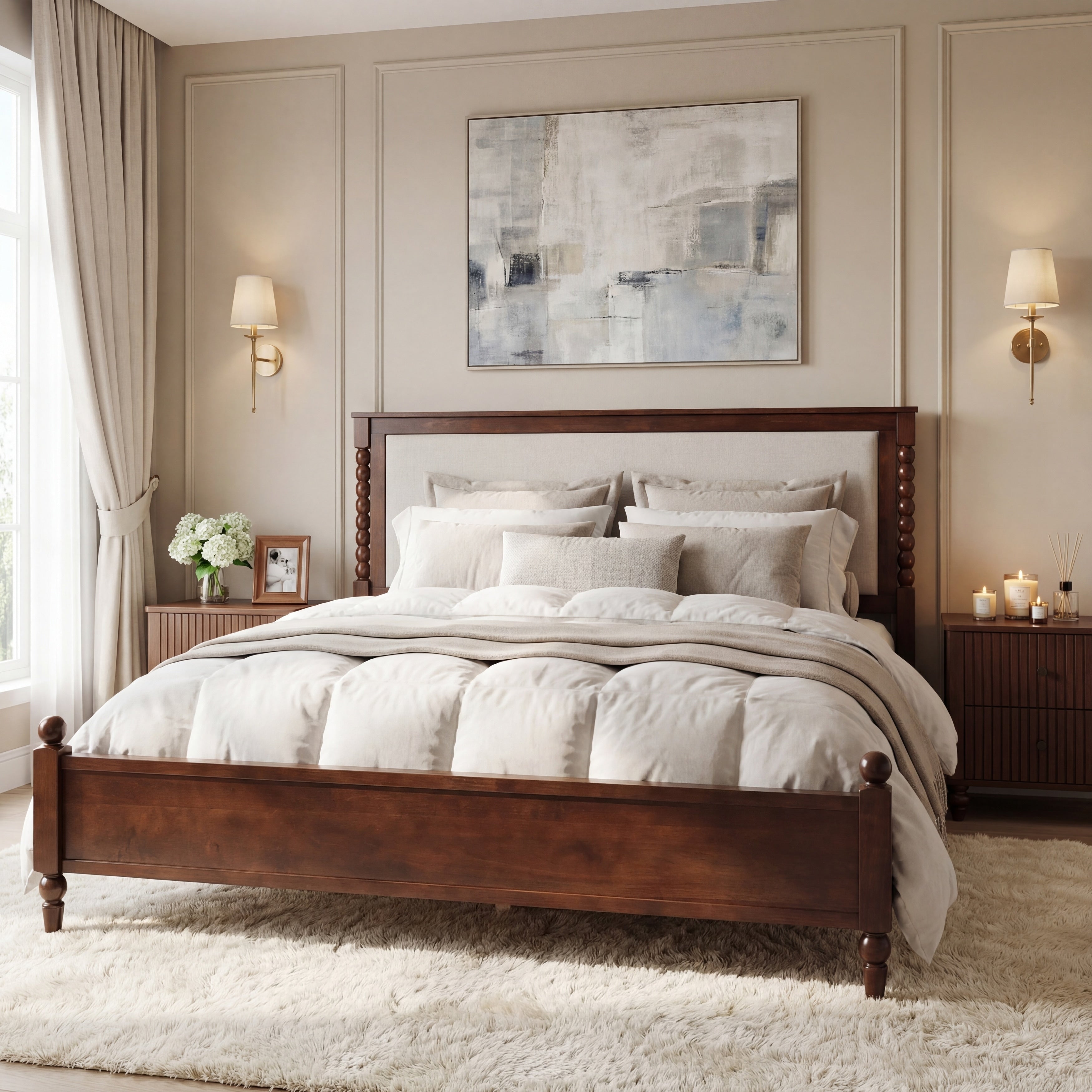 Christopher Knight Home Traditional Wooden Platform Bed With Upholstered Headboard And Spindle Accent Design