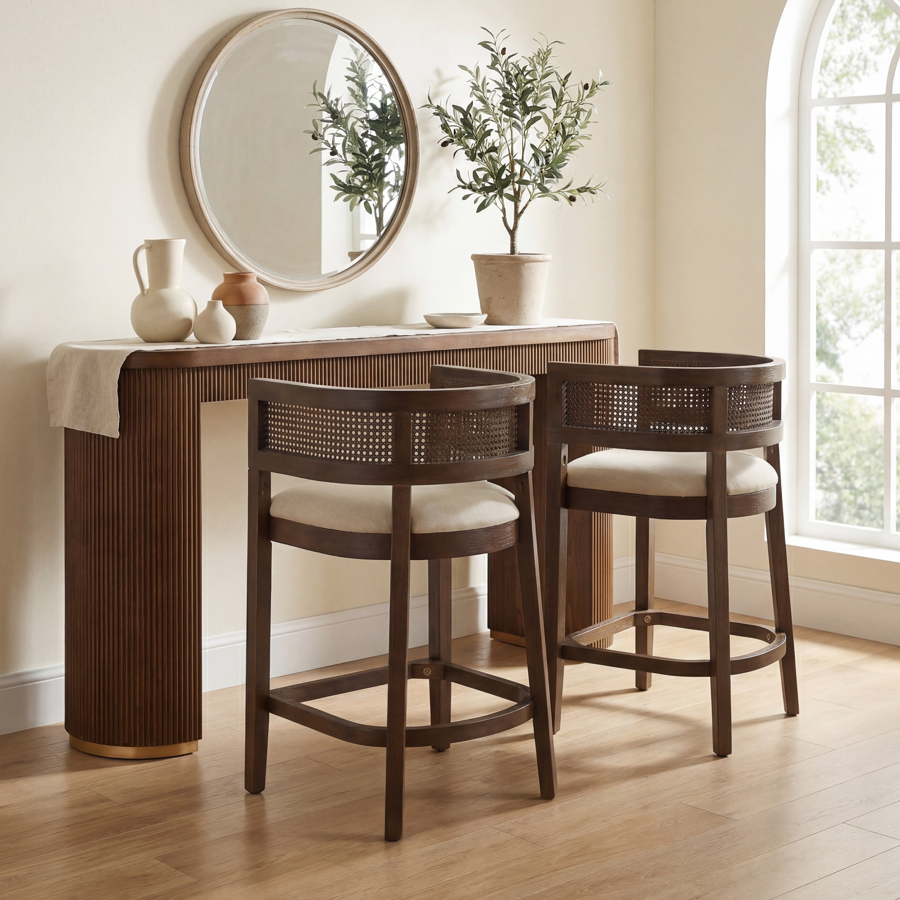 Christopher Knight Home Transitional 3 Piece Counter Height Dining Set With Rattan Back Arm Stools Curved Pub Bar Table