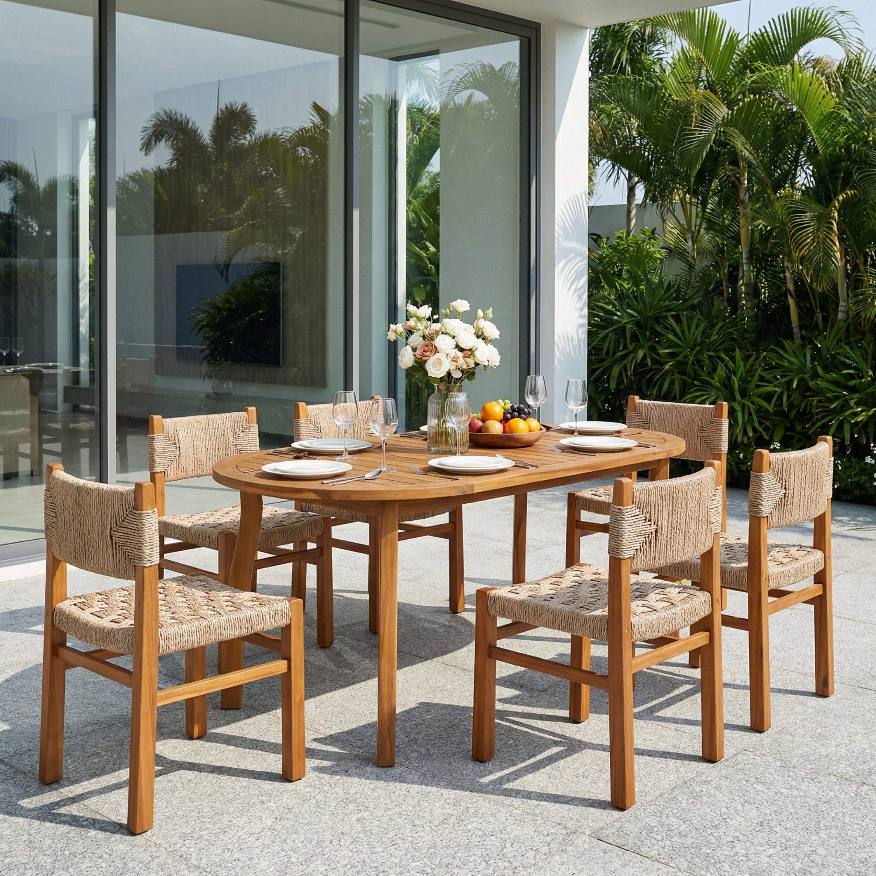 Christopher Knight Home Tsuneko 7 Piece Outdoor Acacia Wood Dining Set With Woven Wicker Chairs 70 Oval Dining Table