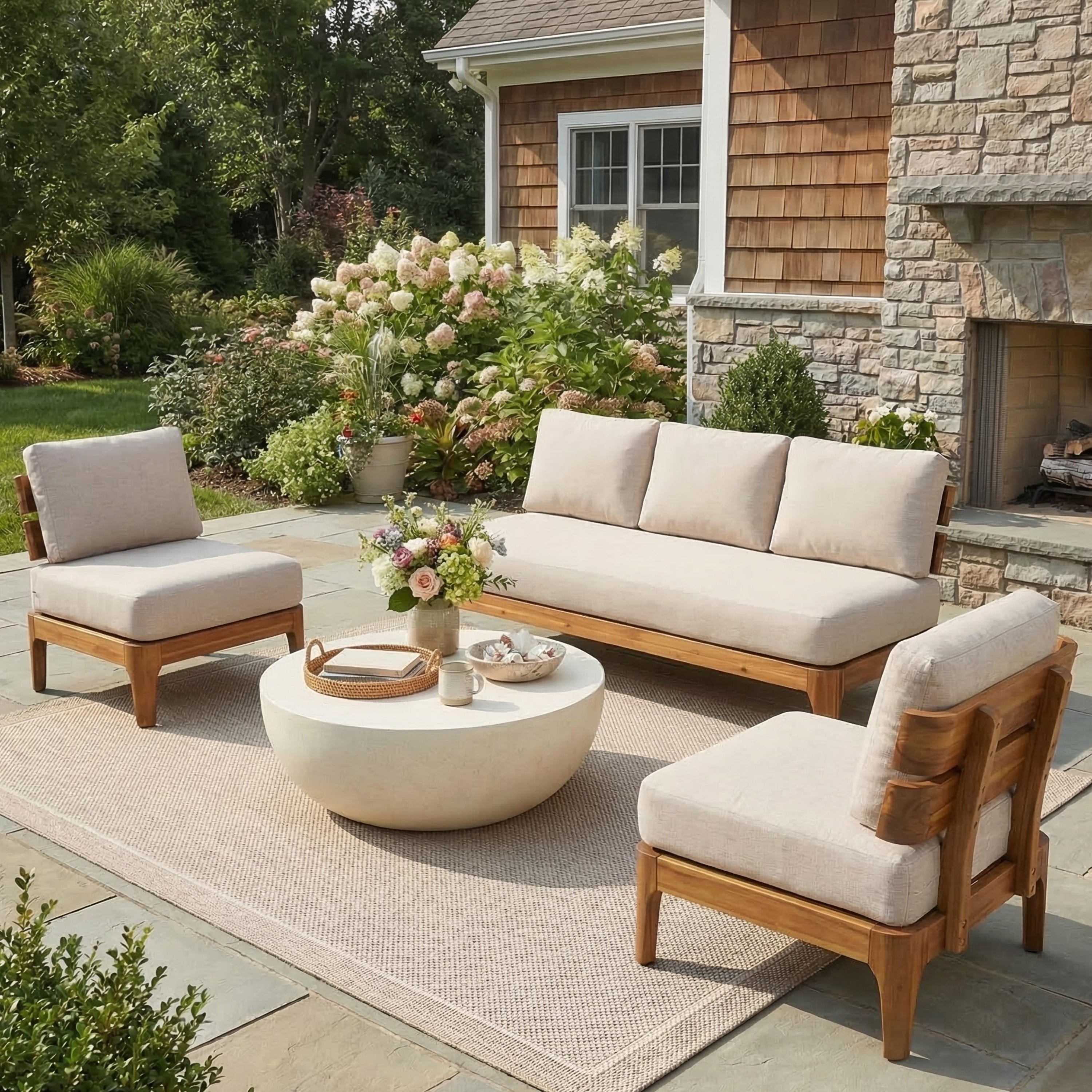 Christopher Knight Home Victor 3 Piece Outdoor Chat Set Acacia Wood Sofa And Club Chairs Cushioned Patio Lounge Design