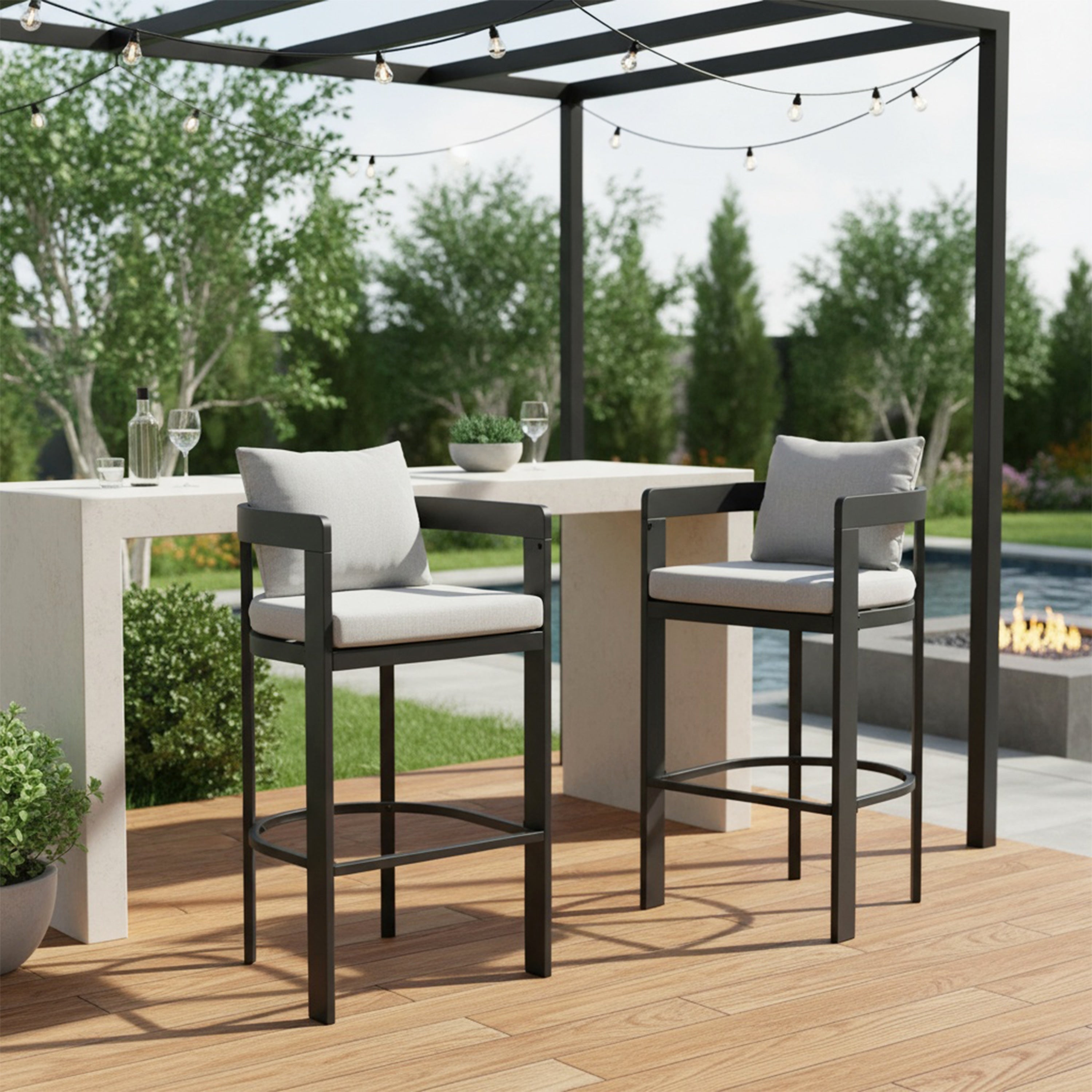 Christopher Knight Home Vornell Modern Outdoor Iron Frame Bar Stool With Olefin Fabric Upholstery Cushion Footrest Set