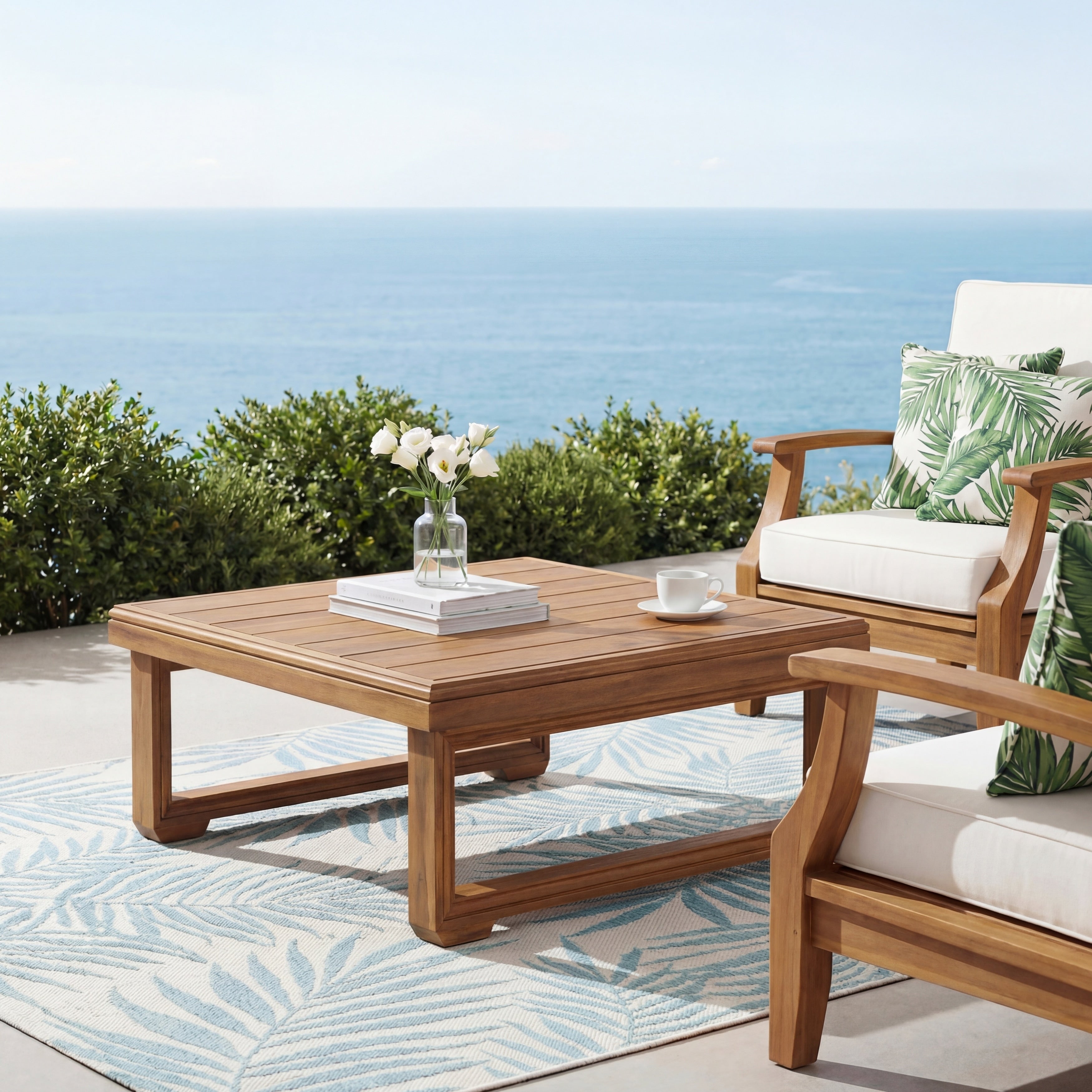 Christopher Knight Home Westches Mid Century 25.59 Square Outdoor Acacia Wood Coffee Table With Slatted Tabletop Sled Legs