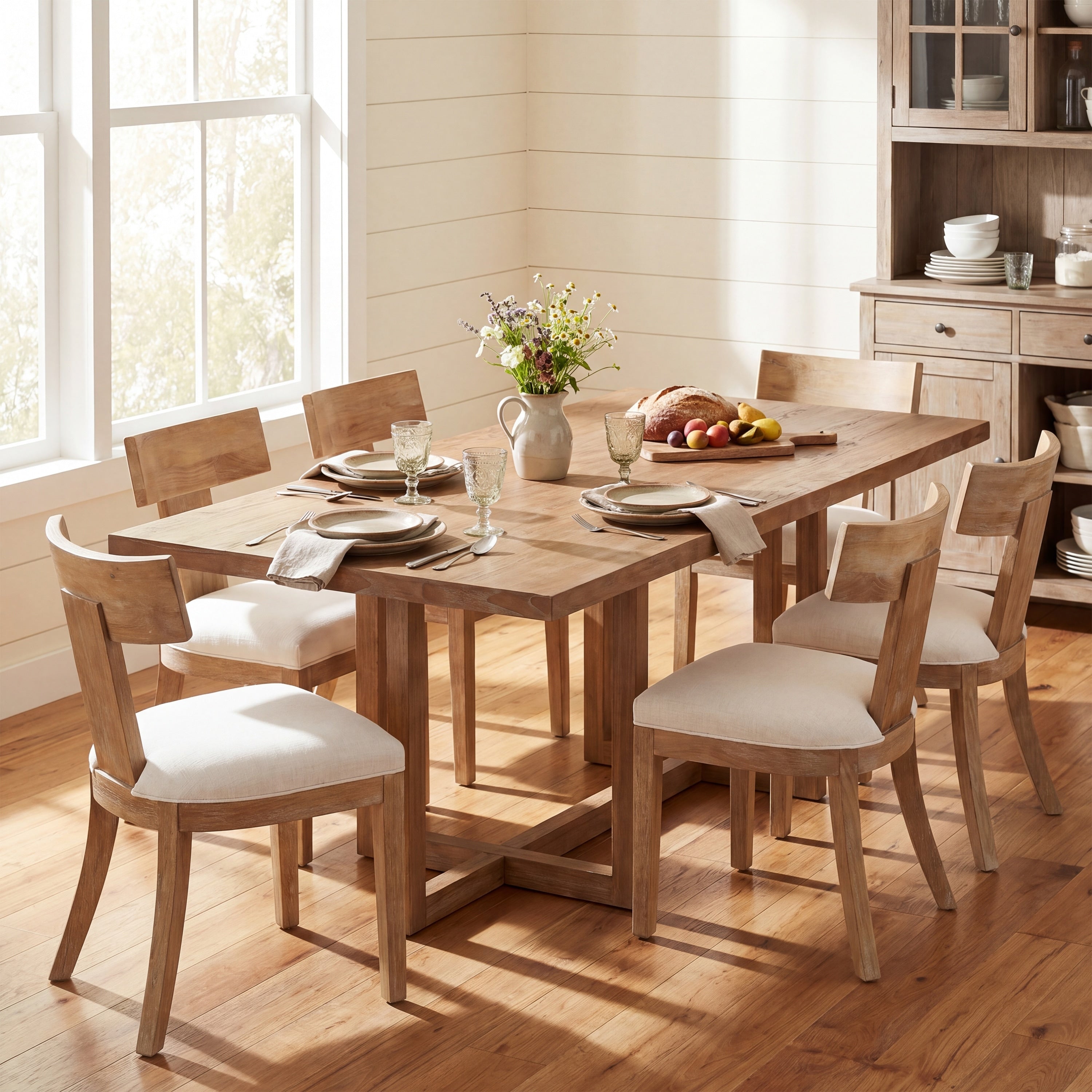 Christopher Knight Home Westwood 7 Piece Wood Top Dining Set With Natural Dining Table And Beige Upholstered Dining Chairs