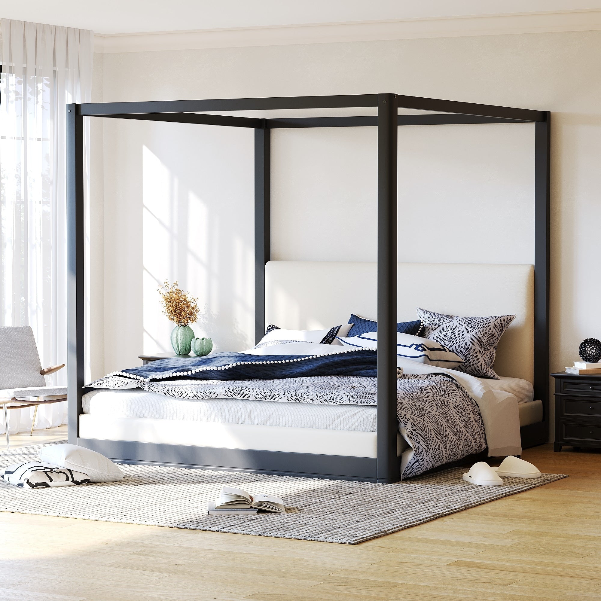 Christopher Knight Home Wood Linen Upholstered Canopy Platform Bed With Sturdy Slat Support
