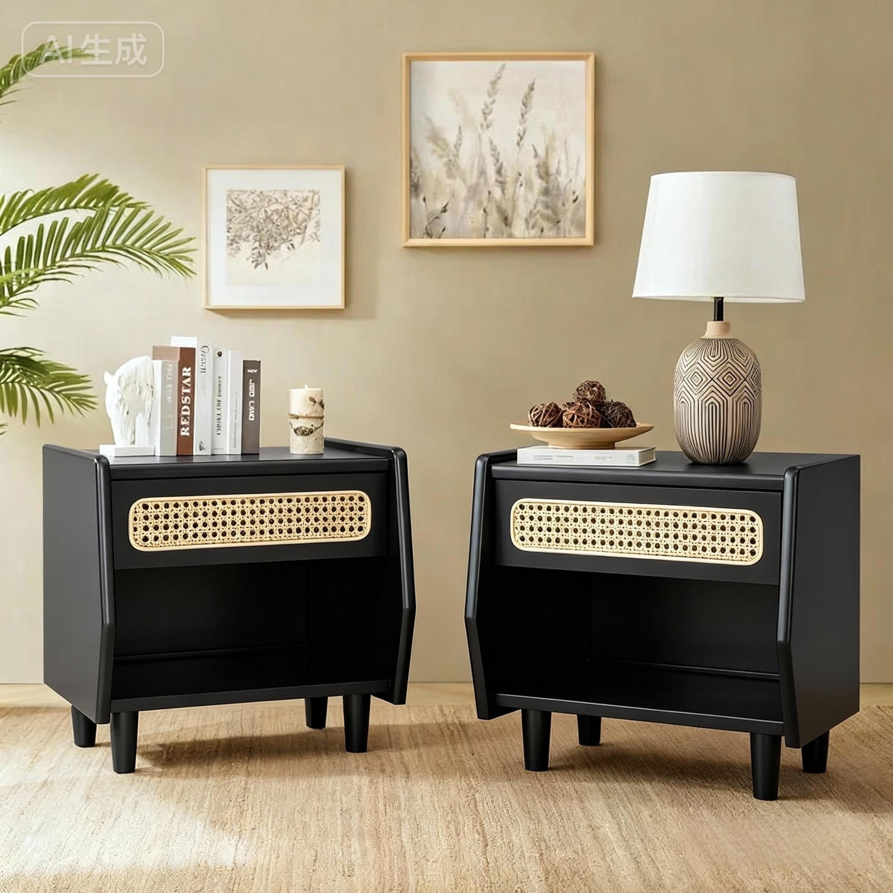 Christopher Knight Home Zessia Retro 19 Wood Nightstand With Woven Drawer And Open Shelf Set Of 2