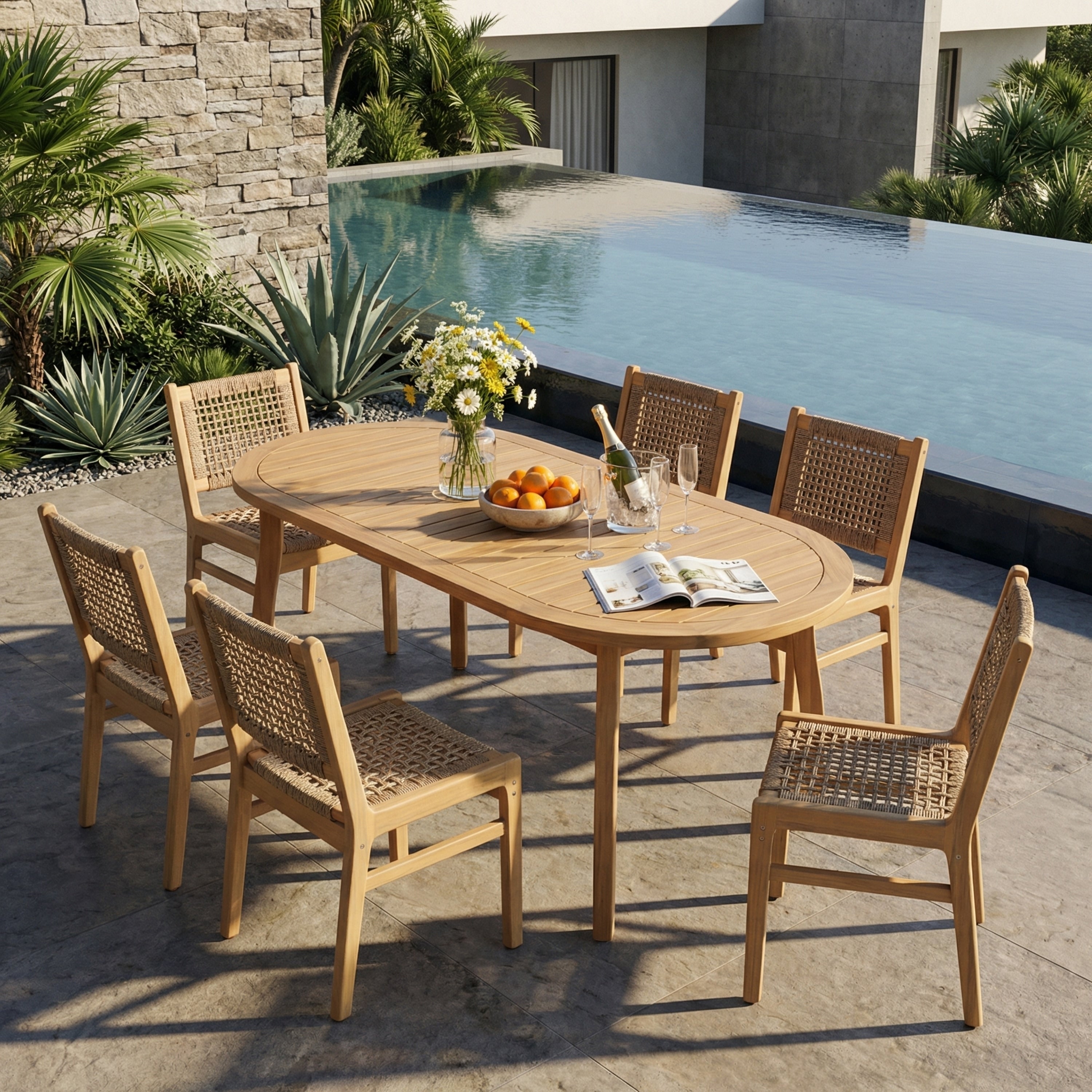 Christopher Knight Home 7 Piece Outdoor Acacia Wood Dining Set With Oval Solid Wood Table And Wicker Chairs