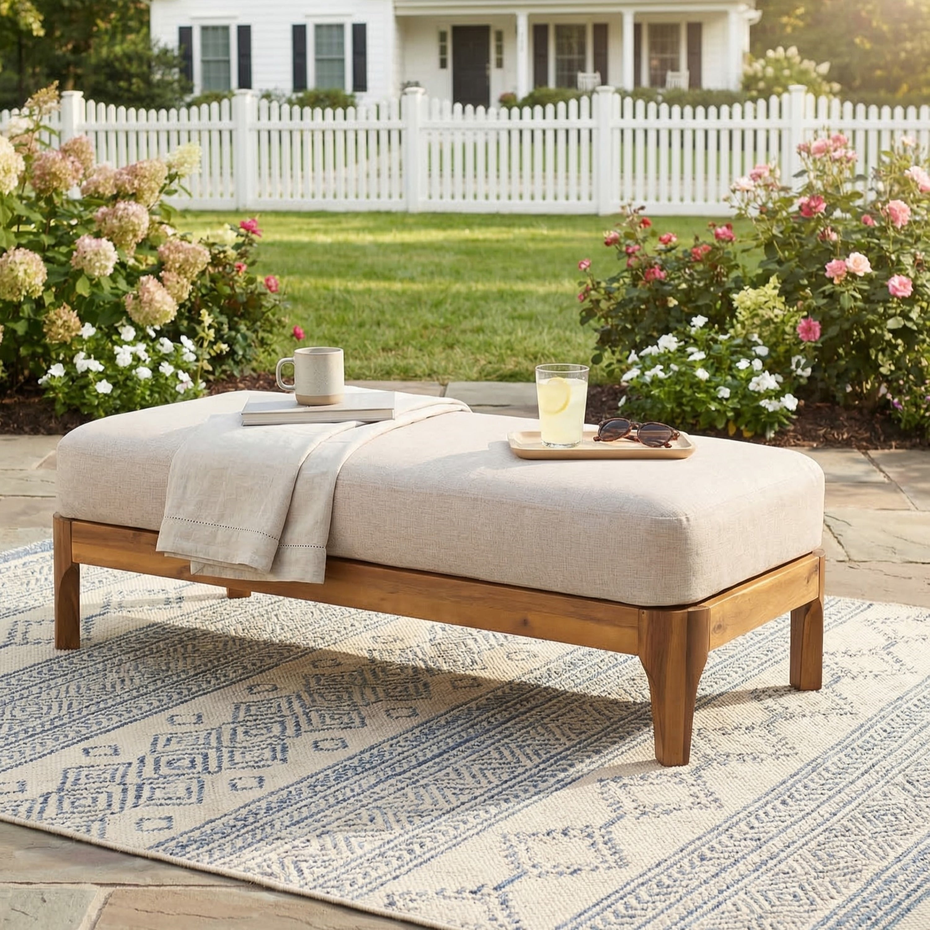 Christopher Knight Home Elowen Acacia Wood Outdoor Ottoman With Breathable Fabric Seat