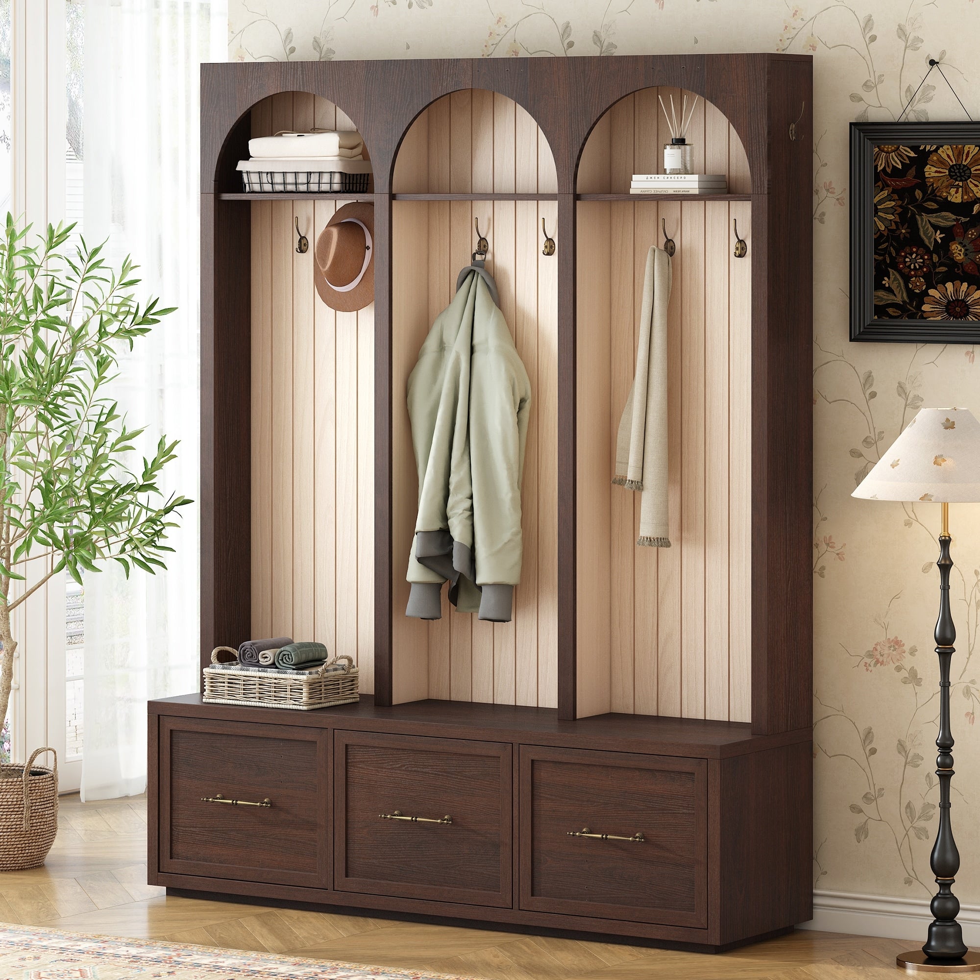Christopher Knight Home Lysandra Farmhouse Style Wooden Hall Tree With Arched Design And 8 Retro Hooks